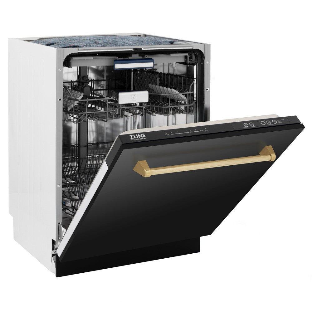 ZLINE Autograph Edition 24-Inch Top Control Tall Tub Dishwasher with 3rd Rack - Black Stainless Steel & Polished Gold Handle, 51dBA Quiet Operation - Perfect for Modern Kitchens, Open Concept Homes & Entertaining Spaces