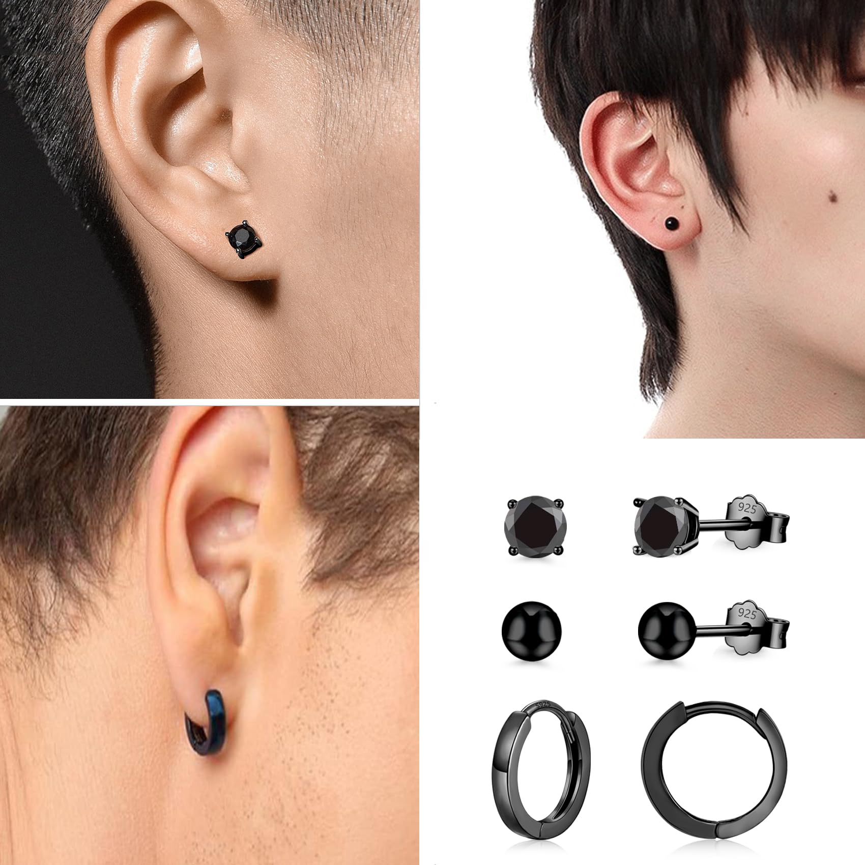 Sterling Silver Stud Earrings for Women & Men - 3 Piece Cubic Zirconia Ball Studs & Hoop Earrings Set | Small Gold Black Hoop Earrings, Tiny Cartilage Sleepers | Unisex Jewelry Gift for Everyday Wear, Parties & Special Occasions