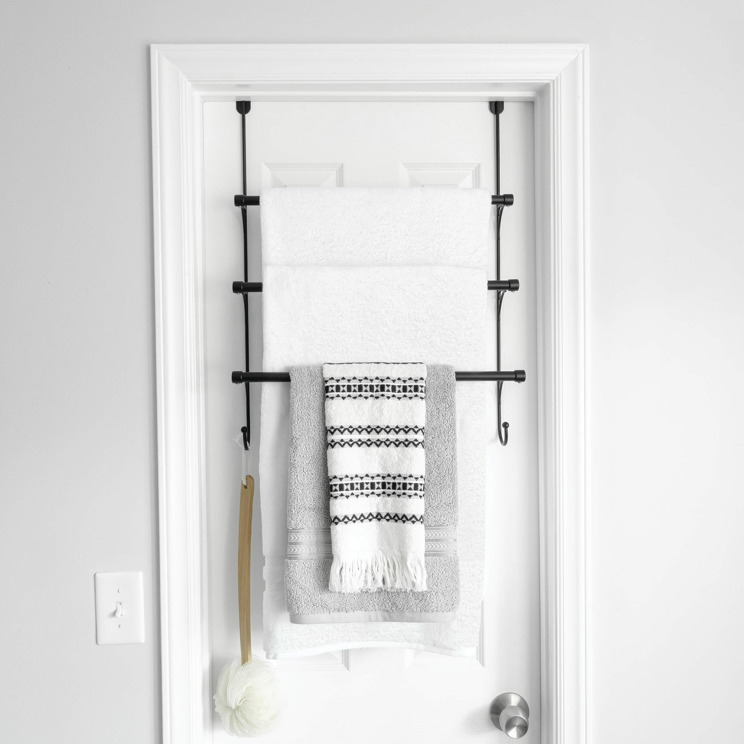 Franklin Brass Triple Over the Door Towel Rack - 3-Tier Matte Black Bathroom Organizer with Hooks for Hand Towels, Robes & Accessories (1-Pack, Model 193153-MB) - Perfect for Small Bathrooms, Apartments & Dorm Storage Solutions