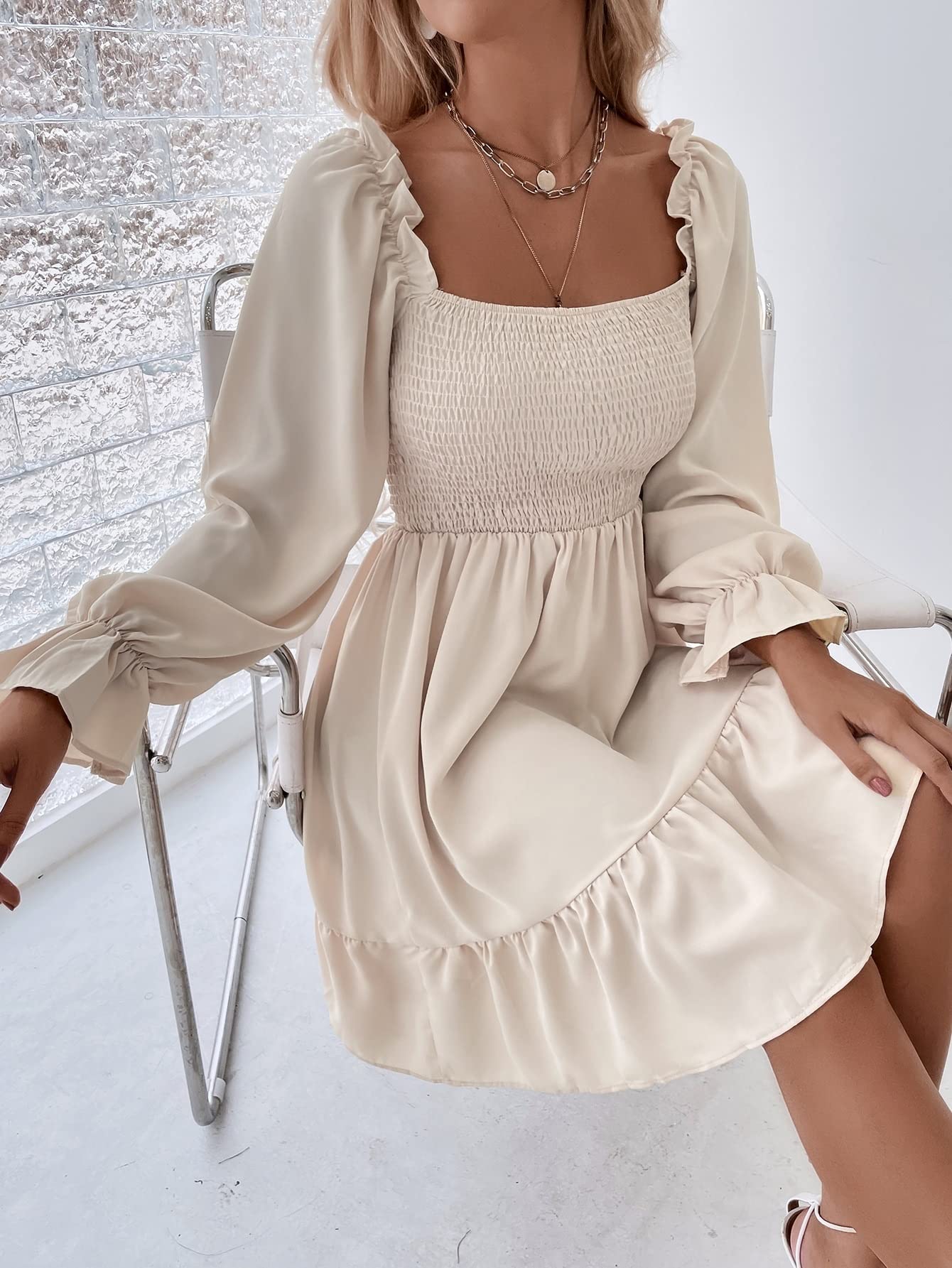 2022 Women's Summer Short Dress - Shirred Bodice, Flounce Sleeve & Ruffle Hem Cute Mini Dress for Party, Beach, Date Night and Casual Outings