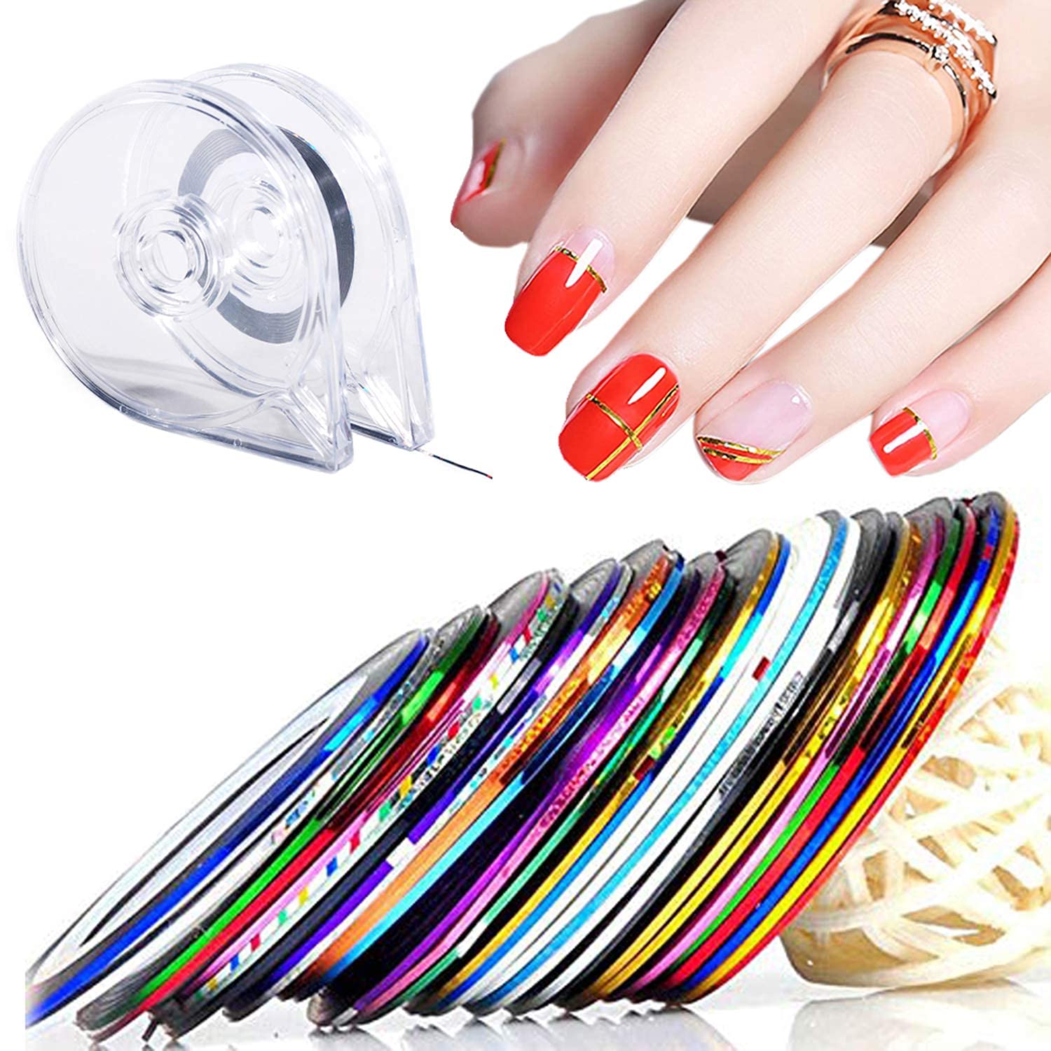 INOG 30 Colors Nail Striping Tape - 2 Pieces Nail Art Tape Dispenser with Free Roller for DIY Nail Designs | Professional Nail Decoration Stickers for Salon & Home Manicure