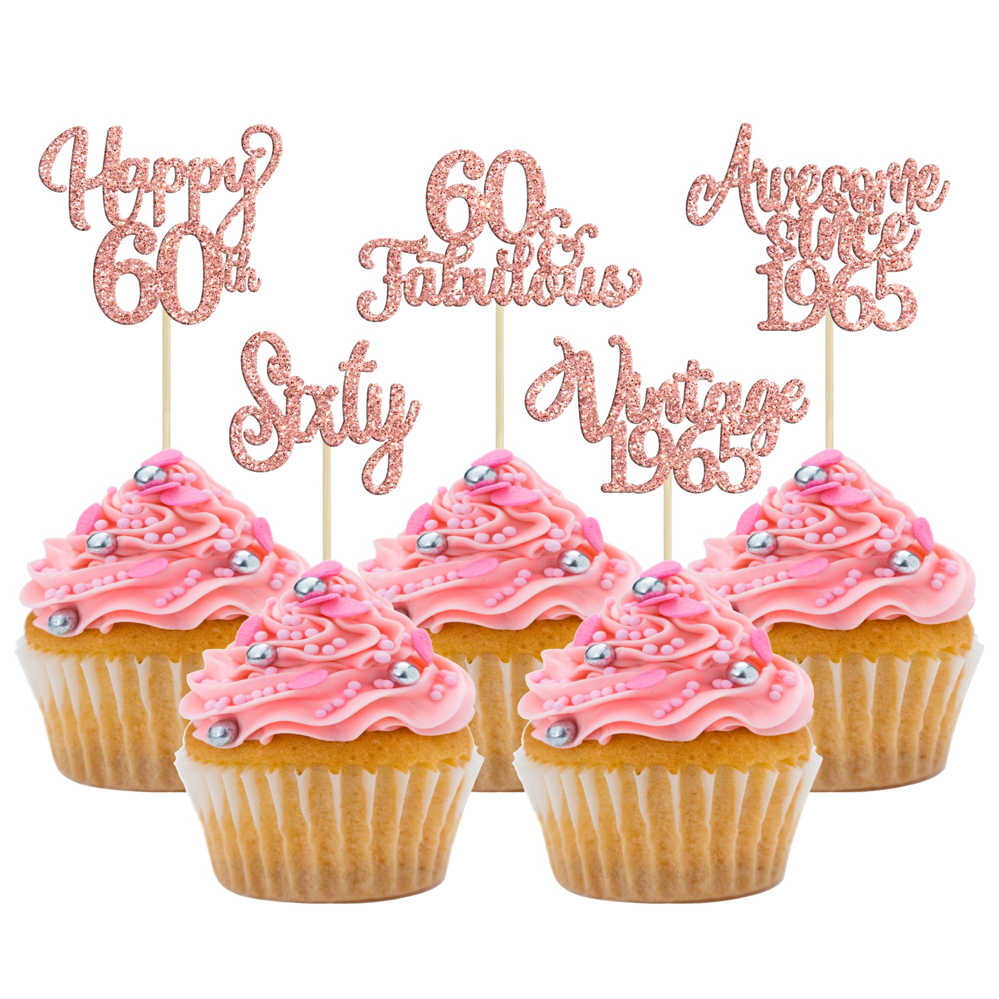 30Pcs Vintage 1965 Cupcake Toppers - Glitter 60th Birthday Cake Decorations, Rose Gold Happy 60th Birthday Picks for Anniversary Party Supplies | Perfect for Milestone Celebrations, Retirement Parties & Golden Jubilee Events