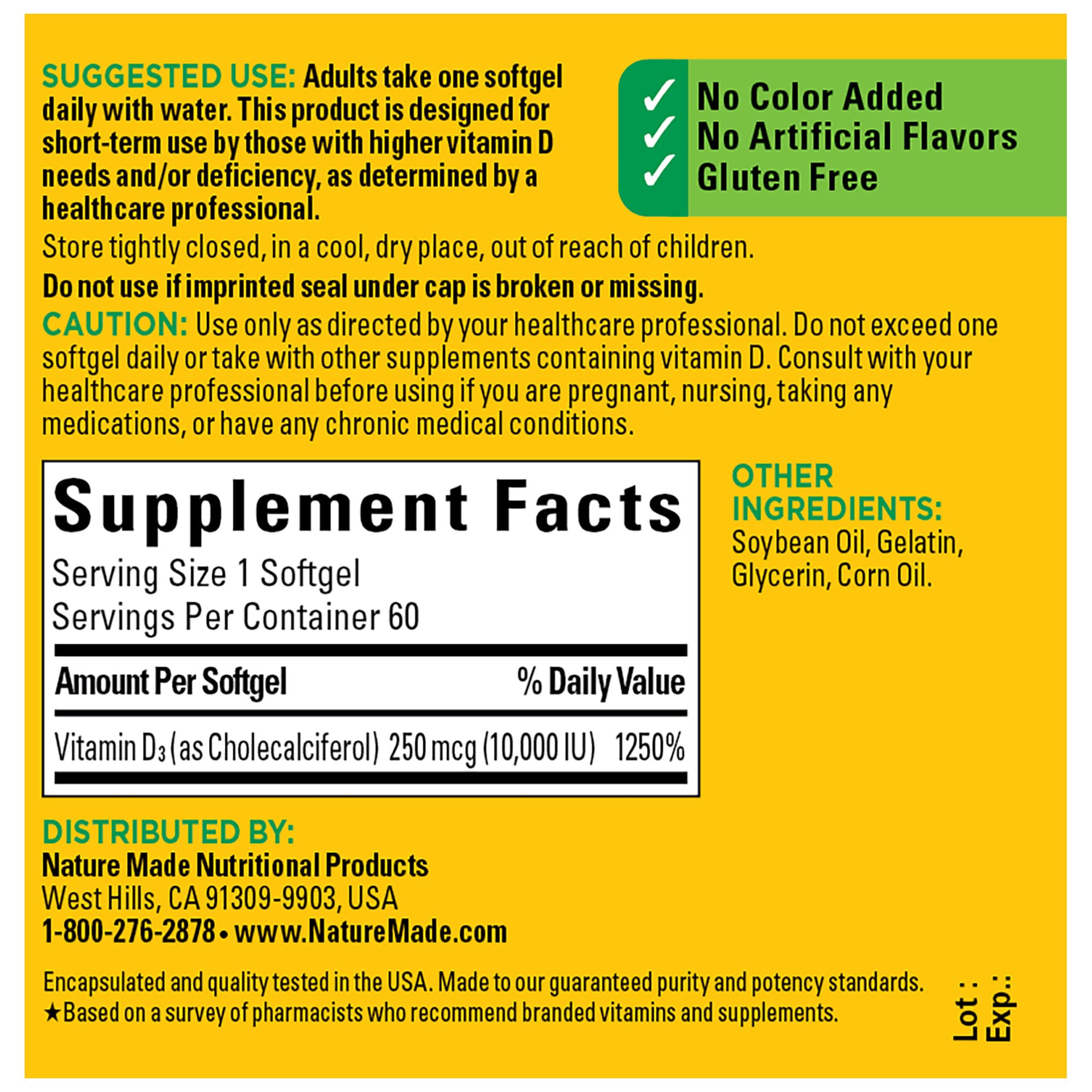 Nature Made Maximum Strength Vitamin D3 10000 IU (250 mcg) Softgels - Bone, Teeth & Immune Support Supplement - 60 Count (60 Day Supply) - Supports Muscle Function & Overall Wellness - Ideal for Indoor Lifestyles & Low Sunlight Areas
