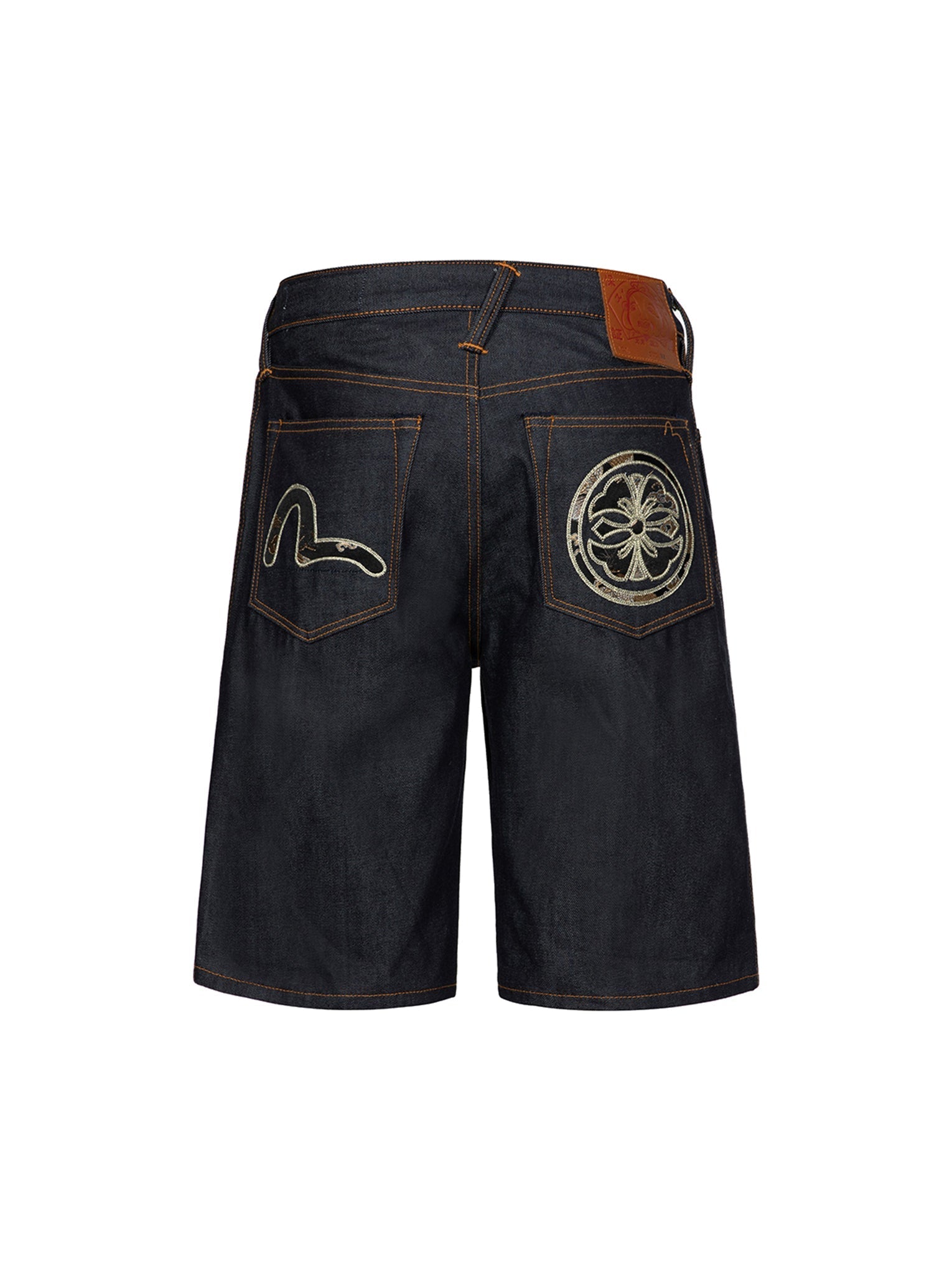 Vintage Brocade Seagull & Kamon Appliqué Denim Shorts for Women - Retro Japanese Inspired High Waisted Distressed Denim Shorts - Perfect for Summer Festivals, Beach Outings & Boho Fashion