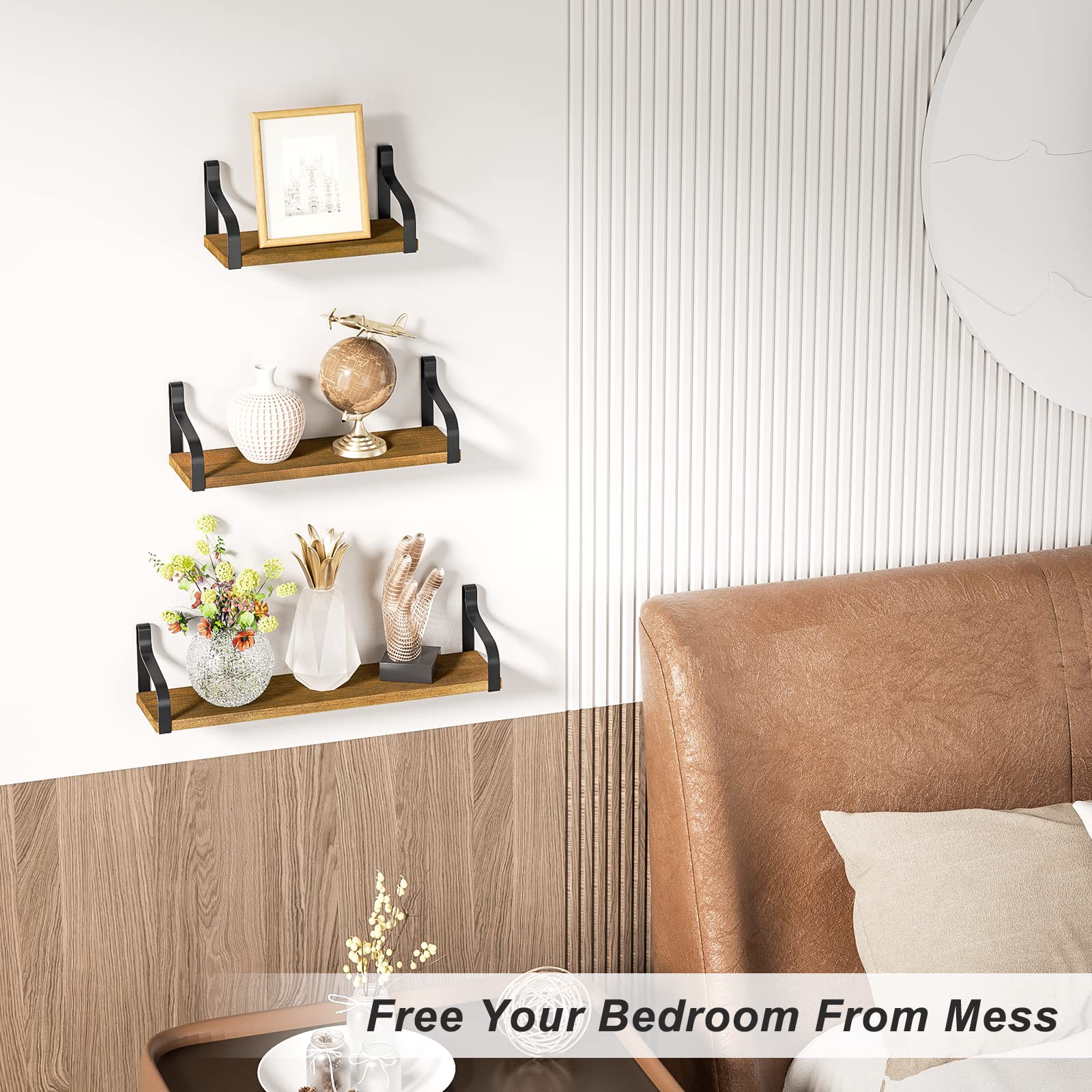 Love-KANKEI Floating Wall Shelves Set of 3 - Rustic Light Walnut Wood Storage Shelves for Bedroom, Living Room, Bathroom & Kitchen - Perfect for Displaying Decor, Books & Organizing Small Items