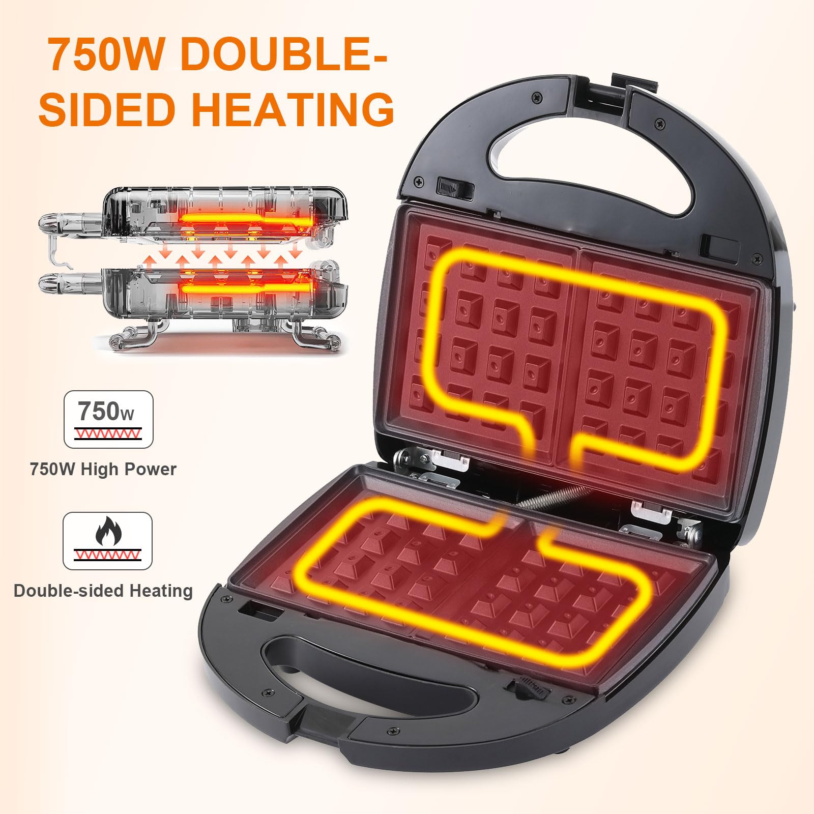 6-in-1 Waffle Maker & Panini Press Grill - Electric Sandwich Maker with Removable Non-Stick Plates for Grilled Cheese, Tuna Melts, Burgers - Perfect for Breakfast, Brunch & Family Gatherings