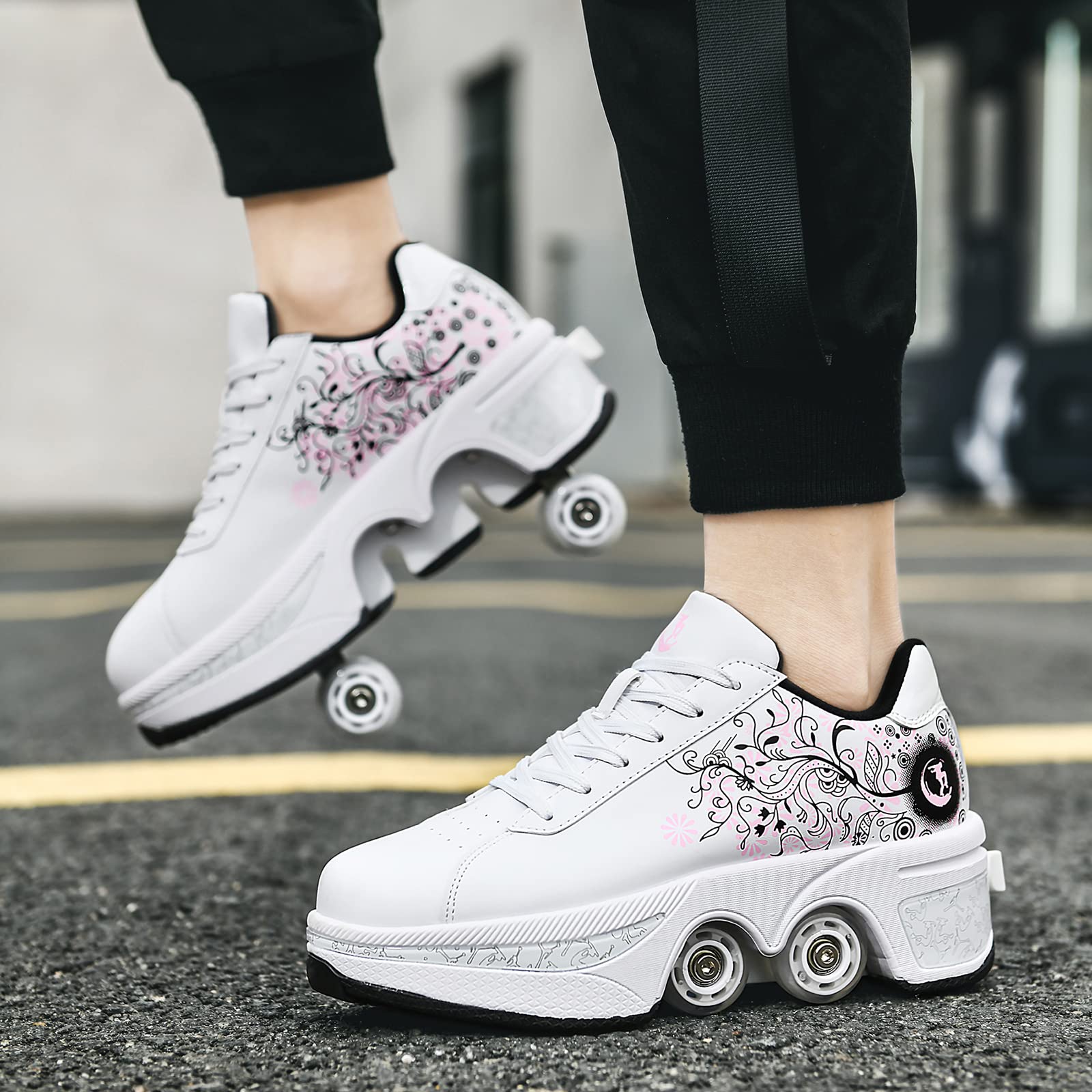 Women's & Kids' Convertible Roller Skate Shoes - 4-Wheel Adjustable Roller Skates Sneakers for Outdoor & Indoor Use - Lightweight Wheeled Shoes for Girls and Boys - Perfect for Skating Rinks, Parks & Playgrounds
