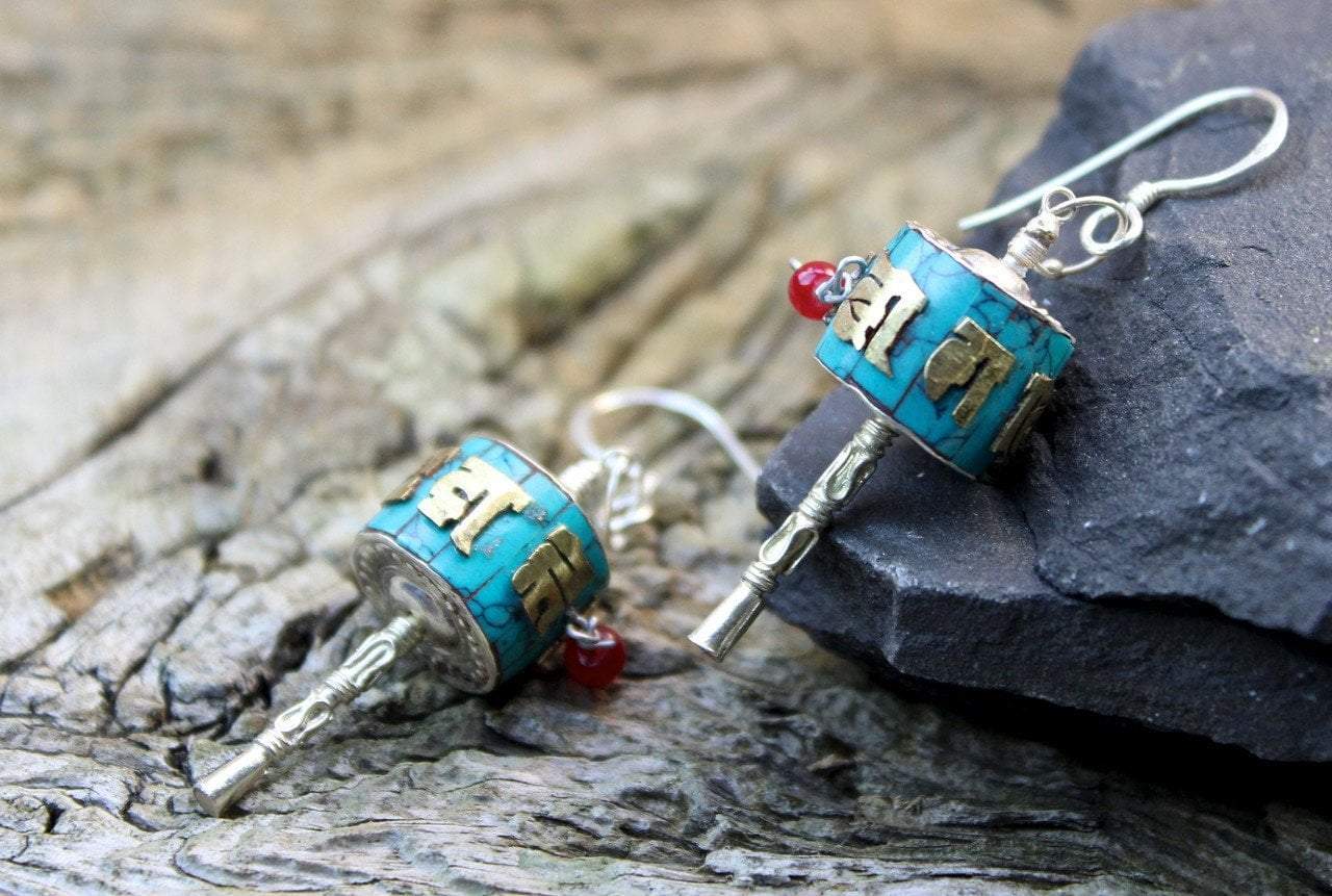 Handmade Tibetan Prayer Wheel Earrings for Women - Spiritual Jewelry for Meditation, Yoga & Buddhist Gifts | Boho Chic Dangle Earrings for Festival & Daily Wear