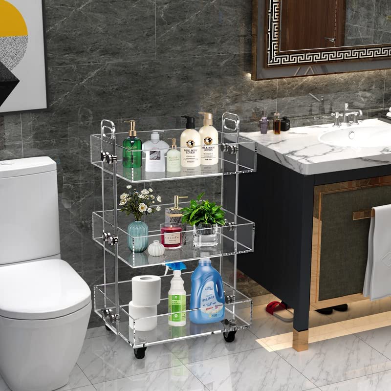 ONELUX 3-Tier Acrylic Rolling Cart with Wheels - Multifunctional Storage Organizer for Kitchen, Bathroom, Office & Dorm Room - Clear Plastic Utility Cart for Home Organization