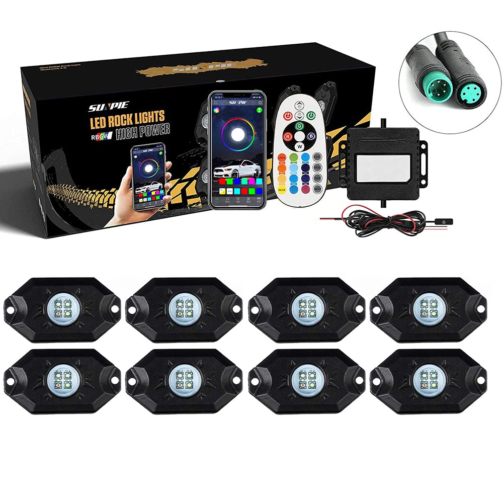 SUNPIE RGBW LED Rock Lights 8 Pods - Aluminum Metal Off-Road Underglow Light Kit with App/RF Remote, Voice & Music Sync - Multi-Color Wheel Well Lights for Trucks, SUVs, UTVs, ATVs, Trailers & Boats | Perfect for Night Rides, Car Shows & Off-Road Adventures
