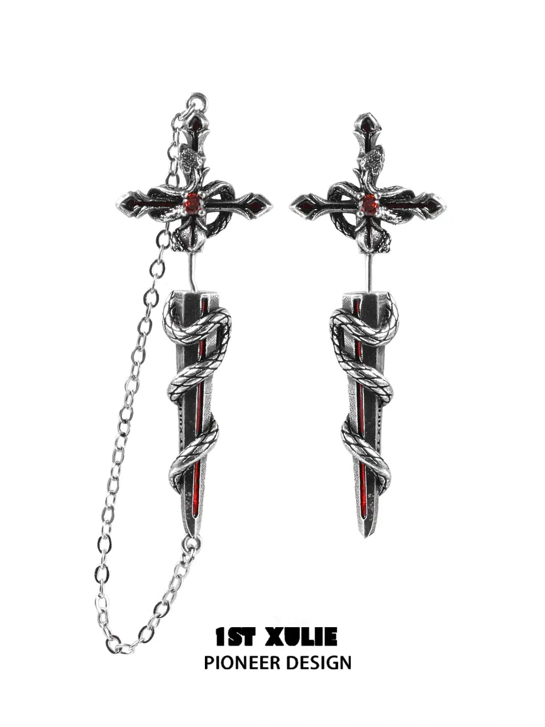 S925 18k Platinum Plated Snake Bite Sword Chain Stud Earrings for Women - Trendy Punk Gothic Jewelry for Parties, Concerts & Night Out