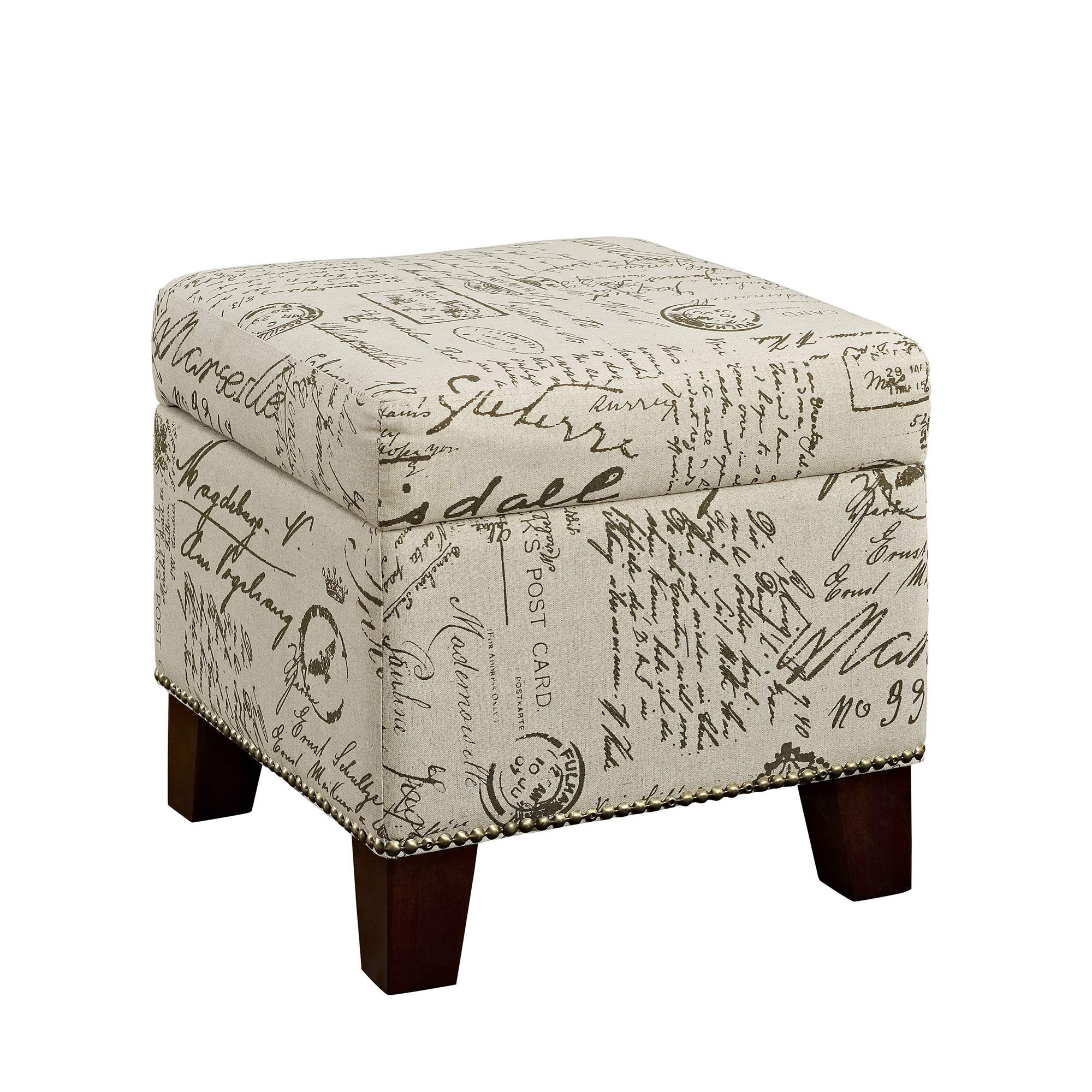 Dorel Living Blake Script Cube Storage Ottoman - Beige Patterned Upholstered Bench with Hidden Storage for Living Room, Bedroom, or Office