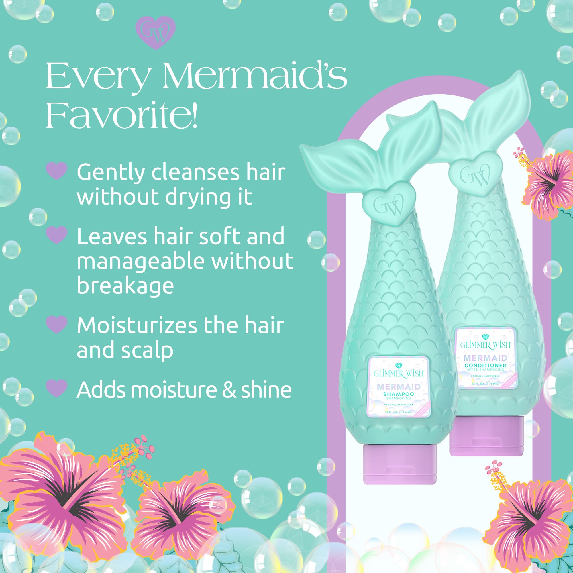Glimmer Wish Premium Mermaid Shampoo & Conditioner Set - Tropical Beach Scent, Sulfate Free, Vegan & Cruelty Free Hair Care (12 Fl Oz x2) for Soft, Shiny Hair - Perfect for Beach Days, Pool Parties & Summer Vacations
