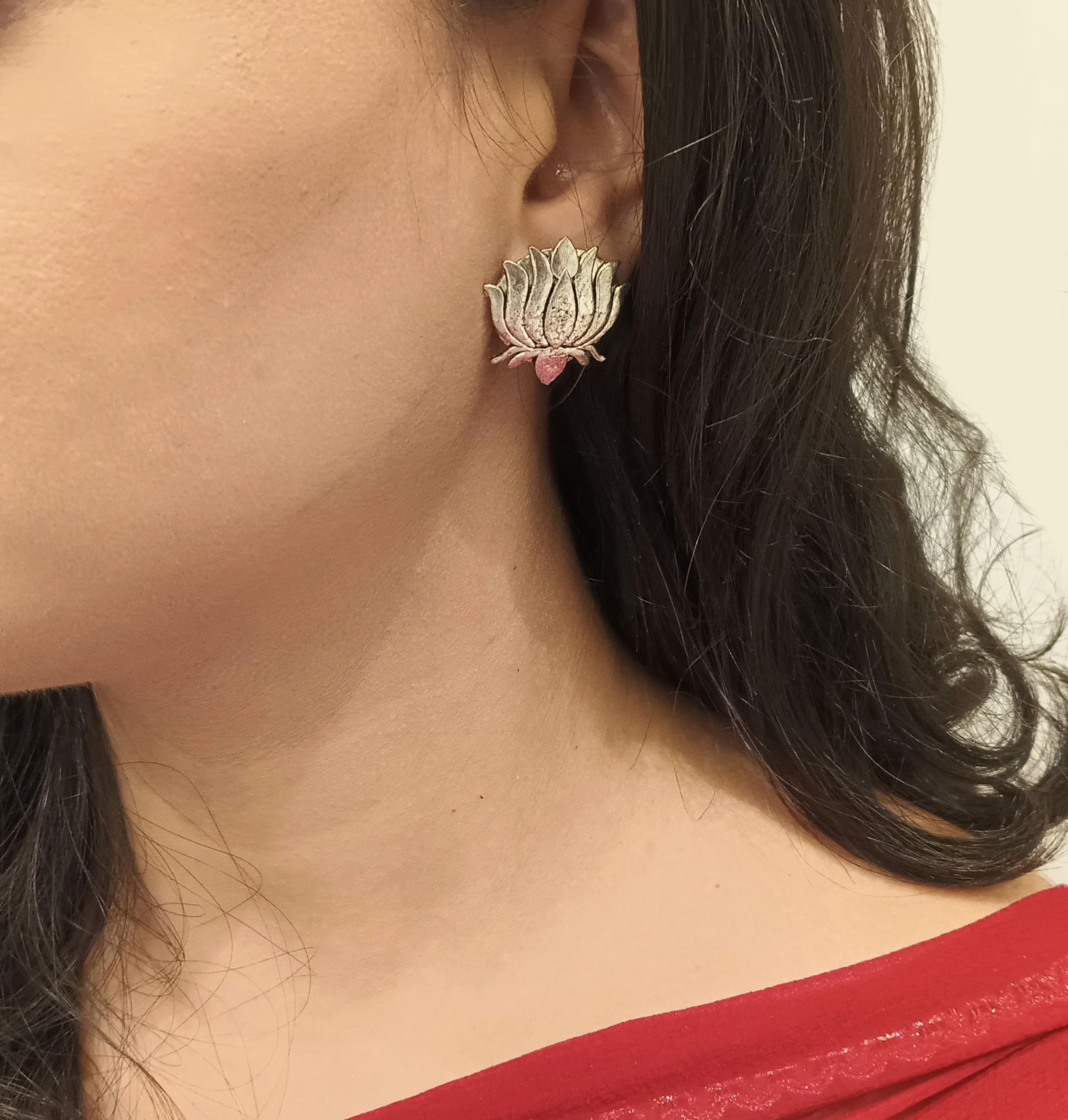Oxidized Silver Earrings for Women – Boho Vintage Indian Lotus Stud Earrings Set, Antique Ethnic Jewelry | Perfect for Festivals, Weddings & Boho Fashion