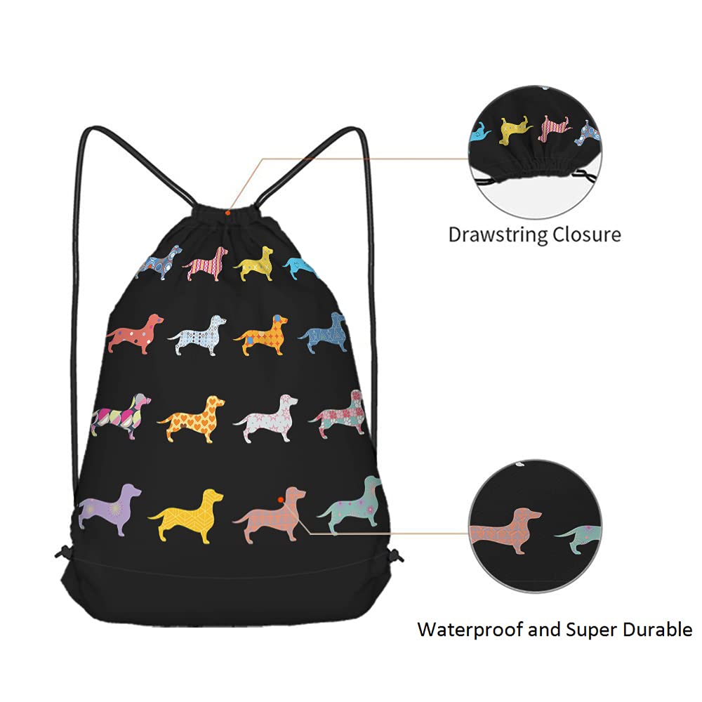 Colorful Dachshund Drawstring Backpack - Cute Puppy Animal Print with Stars, Hearts & Polka Dots - Boho Tribal Gym Sack for Yoga, Sports, Travel - Perfect for Men & Women (Gym, Beach, Festival, School)