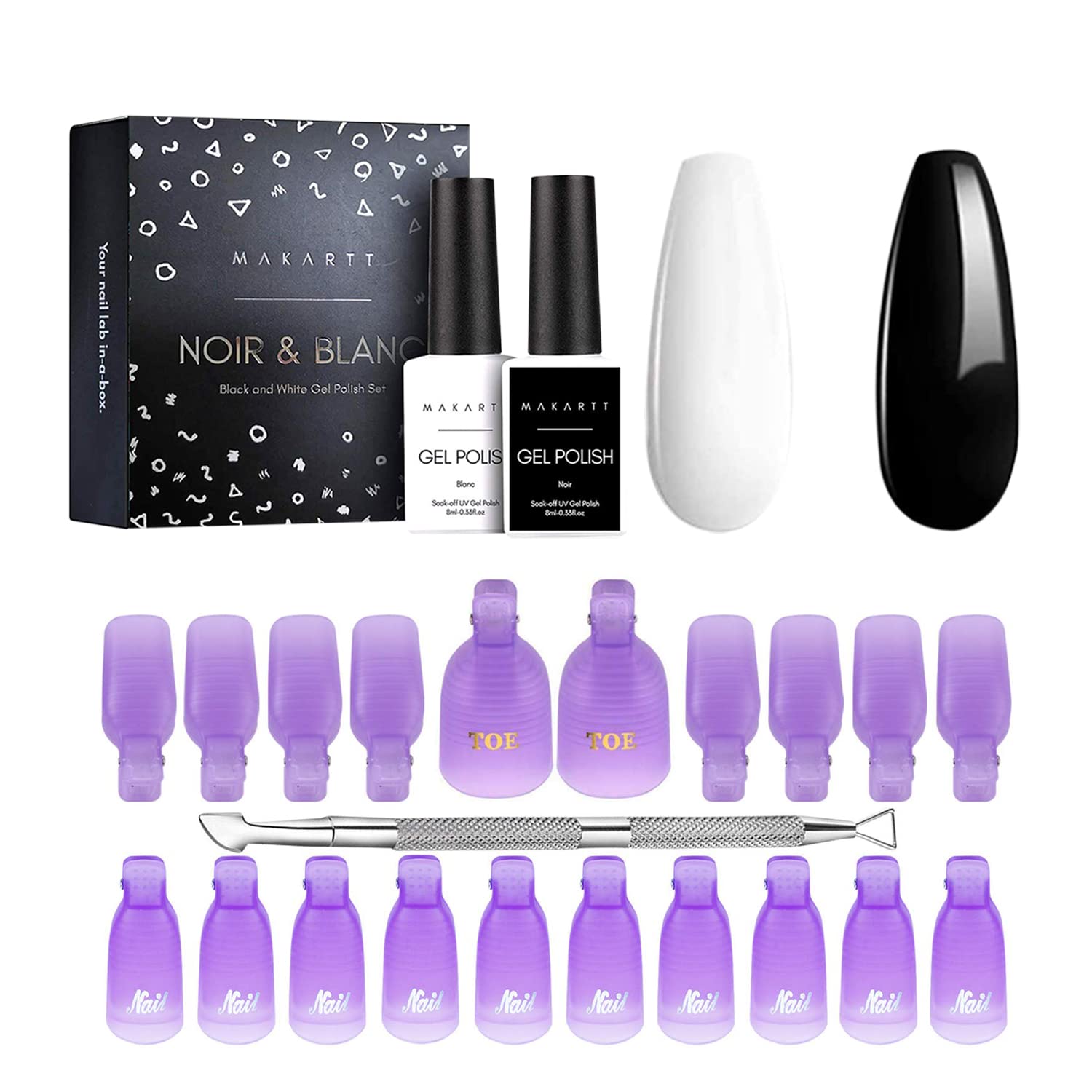 Makartt Reusable Gel Nail Polish Remover Clips Kit - 20 Pcs Finger & Toenail Wraps with 2Pcs Black & White Gel Polish Set for Acrylic Nails - Perfect for Nail Art Salon & DIY Home Manicures