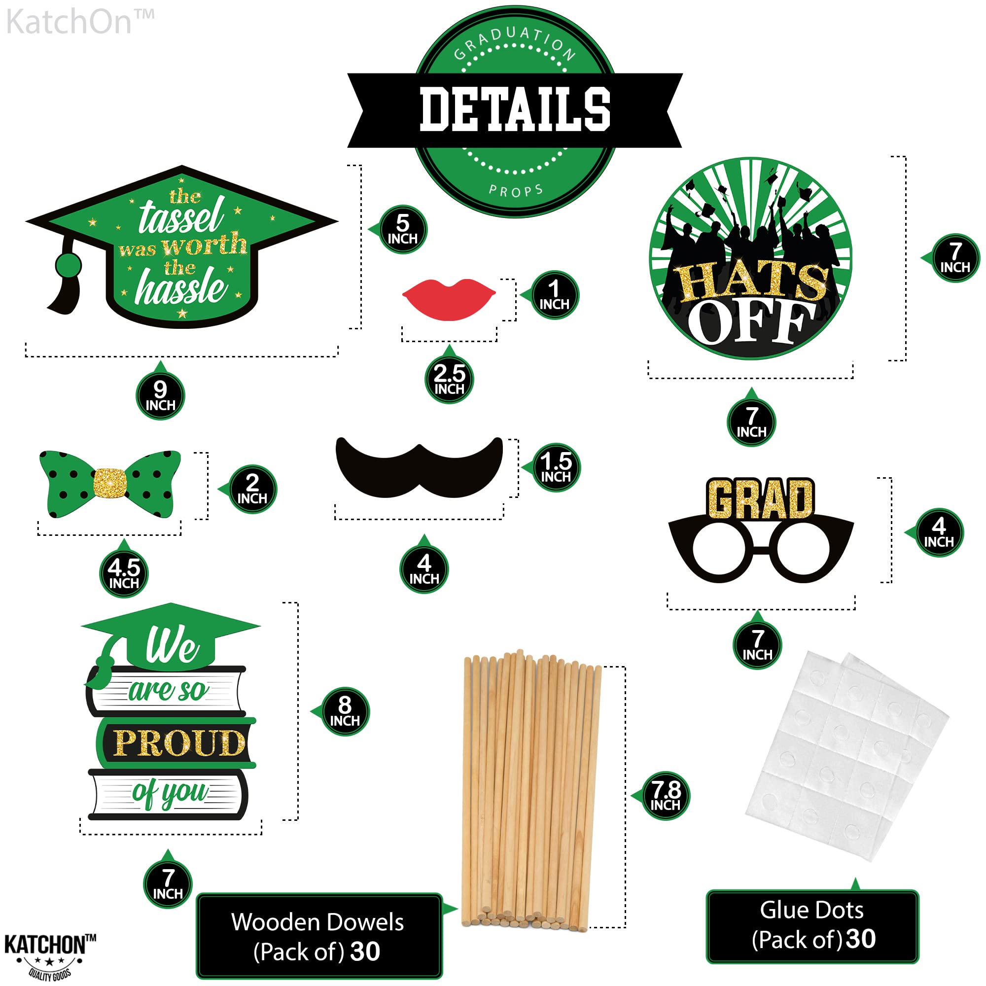 KatchOn 2025 Graduation Photo Booth Props - 30-Piece Glitter Decor Set (Black & Green) | Class of 2025 Party Supplies for Graduation Photoshoots, Ceremony Backdrops & Senior Night Celebrations