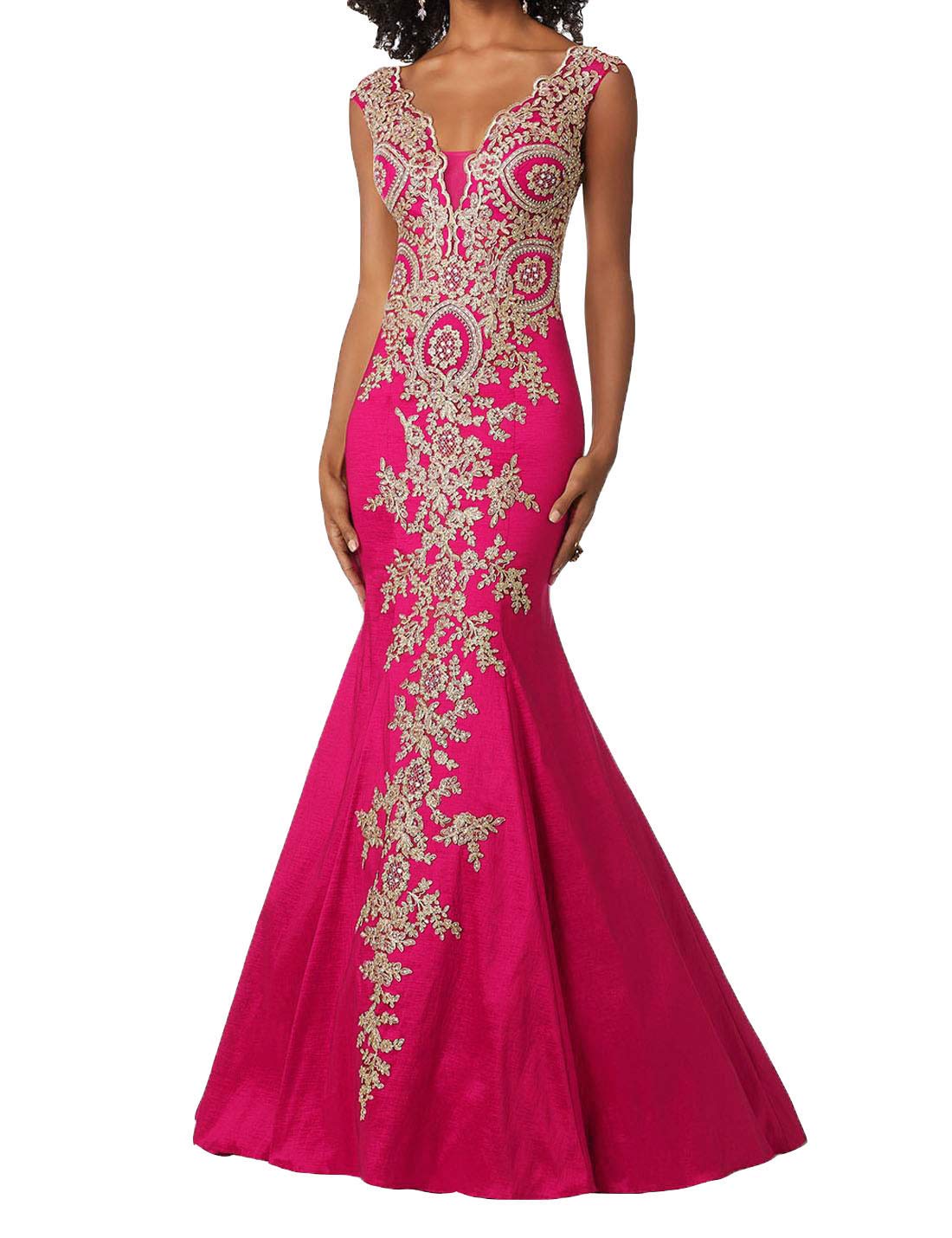 Emanni Women's Gold Lace Applique Mermaid Evening Dress - Elegant Long Prom Gown for Formal Events, Weddings & Black Tie Parties