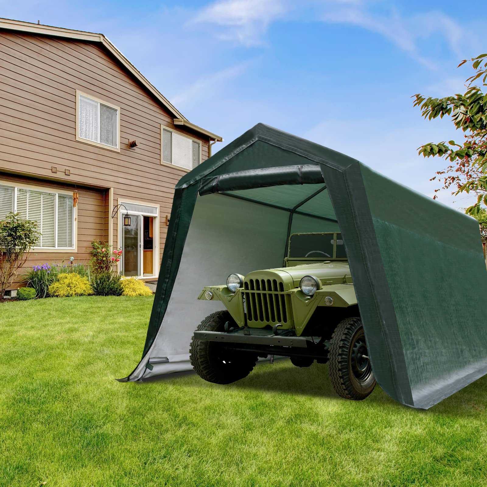ERGOMASTER 10x10 FT Heavy-Duty Outdoor Carport Shelter - Waterproof Ripstop Cover with Metal Frame for Motorcycle, ATV & Vehicle Storage - Perfect for Patio, Backyard & Driveway Protection