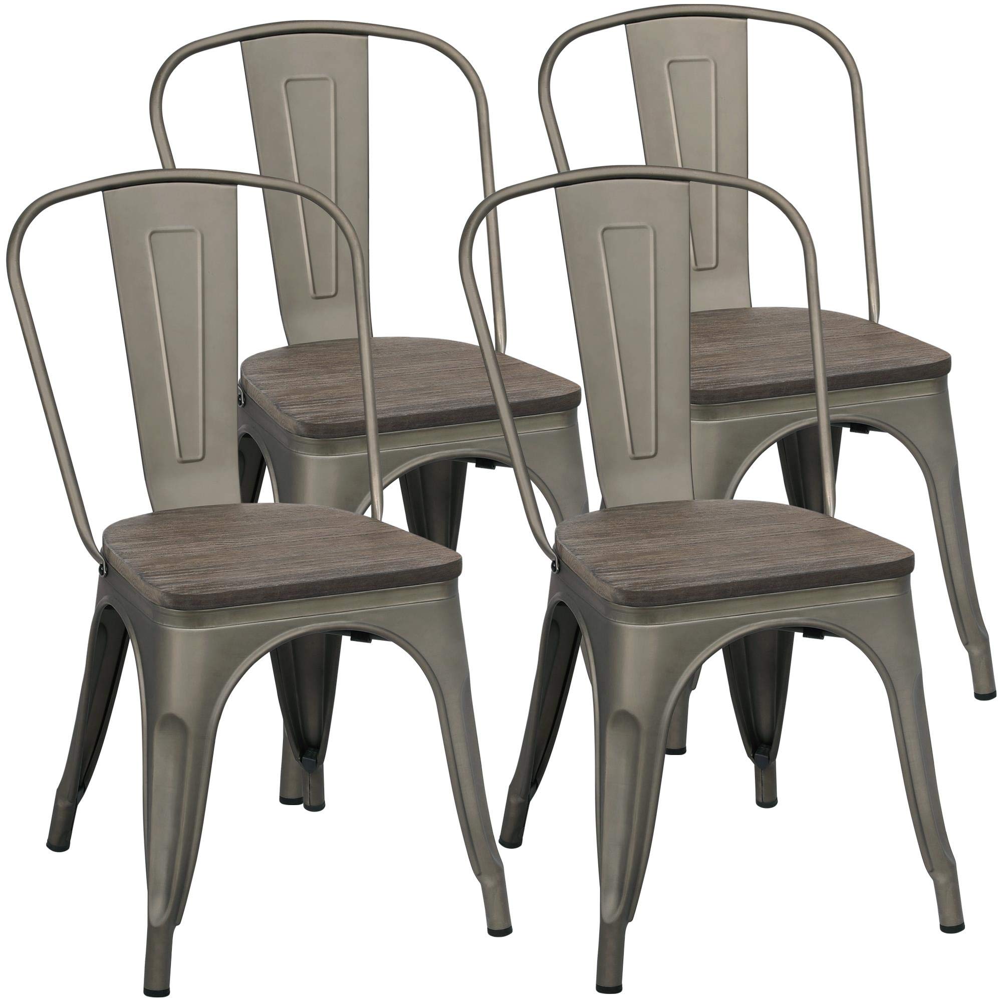 Topeakmart 4-Pack Metal Dining Chairs with Wood Seat - Stackable Indoor Outdoor Chairs for Kitchen, Patio, Restaurant & Office - Industrial Style Side Chairs with Back Support
