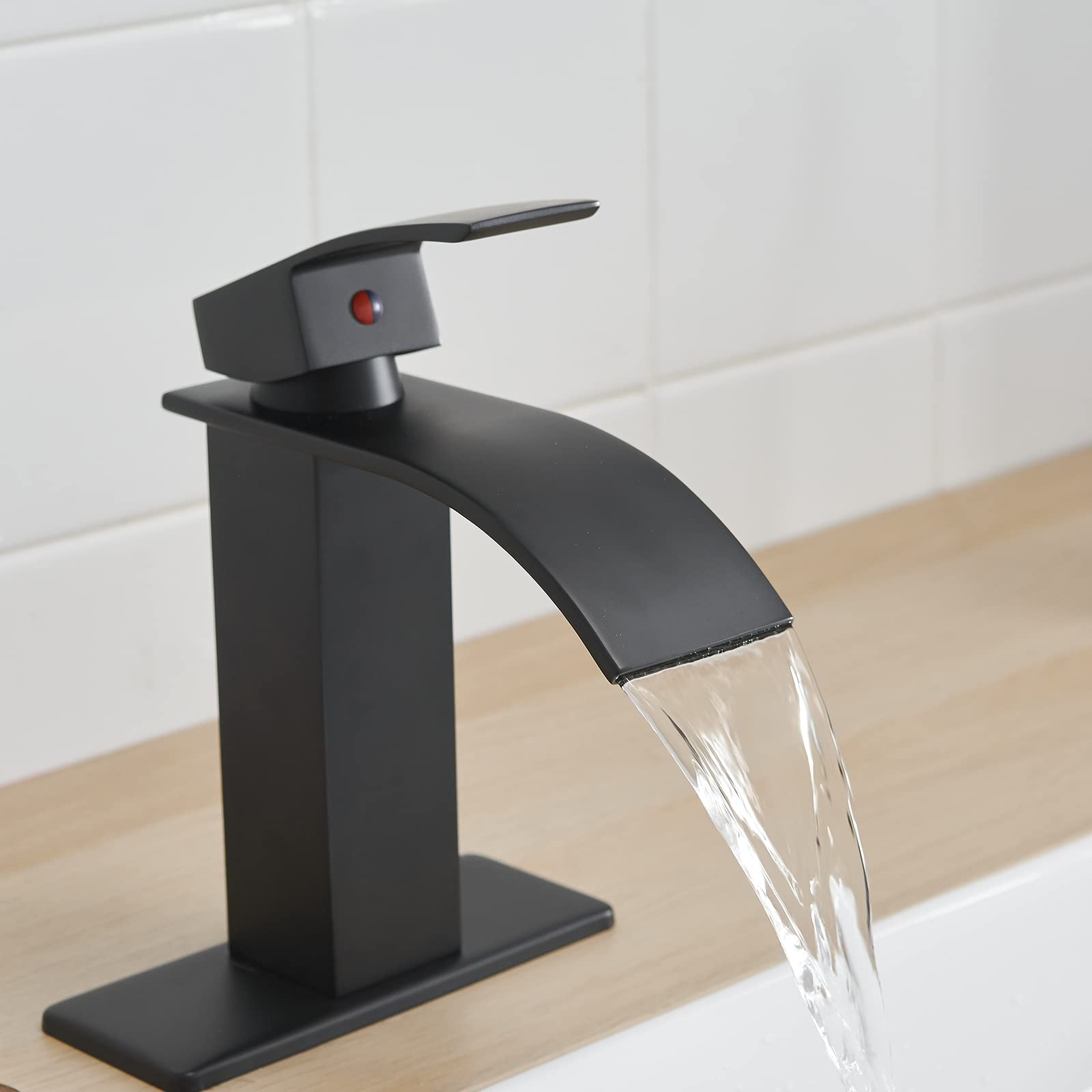 Modern Black Waterfall Bathroom Faucet with Pop-Up Drain - 1 Hole Matte Black Vanity Sink Faucet & Commercial Lavatory Set (Includes Deck Plate & Supply Hose) - Perfect for Home, Hotel, and Restaurant Bathrooms