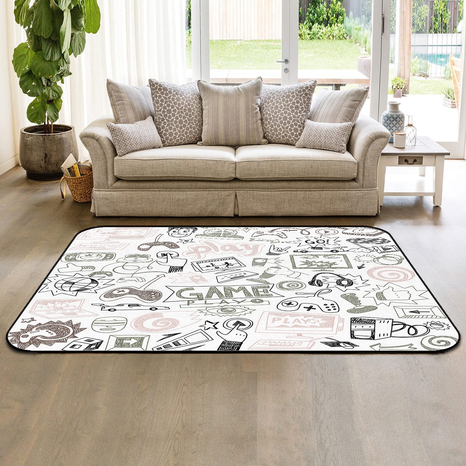 5' x 8' Modern Pink Sketch Gaming Area Rug - 90's Retro Throw Carpet for Teen Bedroom & Living Room - Soft Nursery Rug for Kids - Durable Indoor/Outdoor Floor Mat - Perfect for Video Game Rooms, Racing Theme Decor & Cozy Spaces