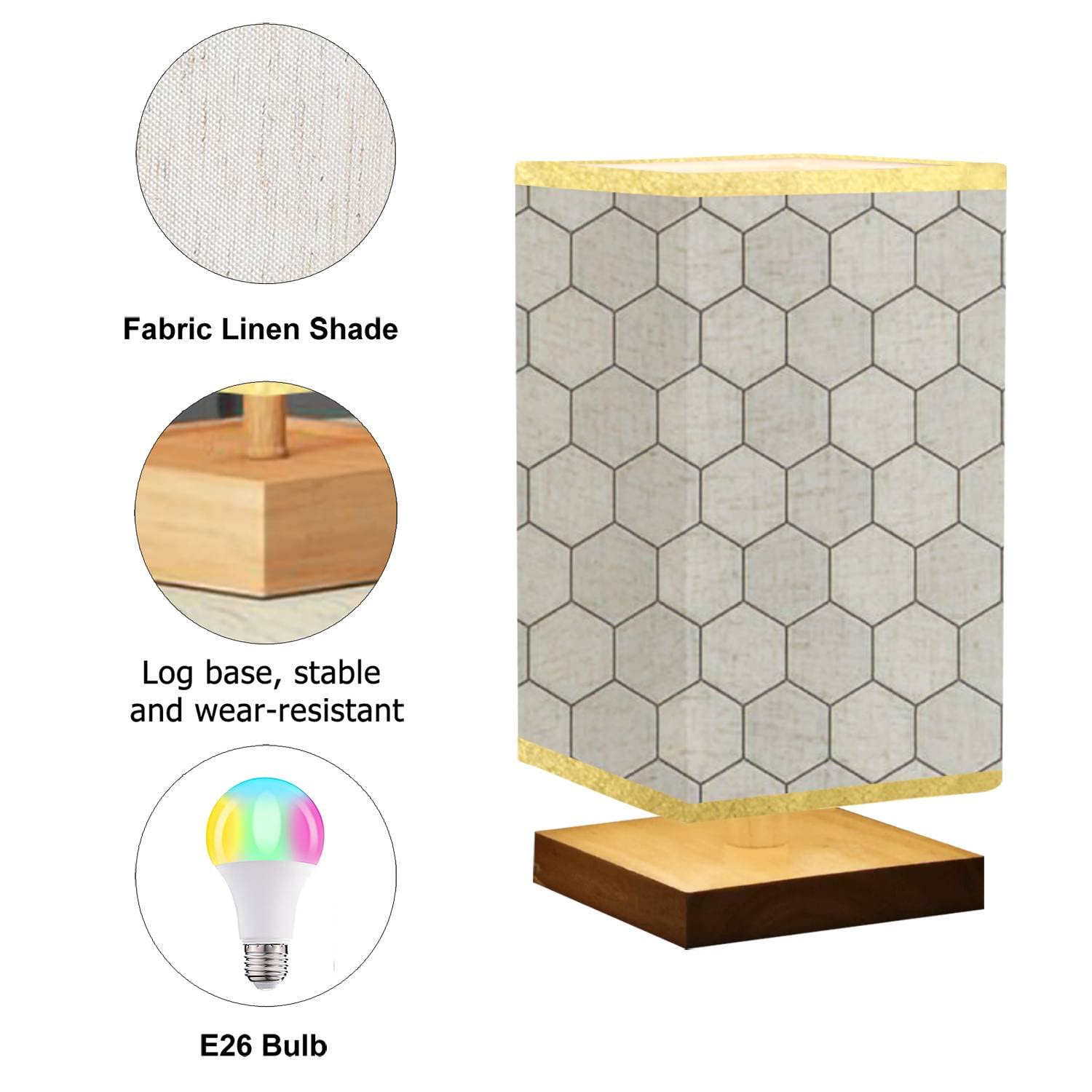 Hexagonal Concrete & Wood Nightstand Lamp with Flaxen Fabric Shade - Dimmable Ceramic Tile Design Bedside Table Light for Bedroom, Living Room | Modern Home Office & Reading Lamp
