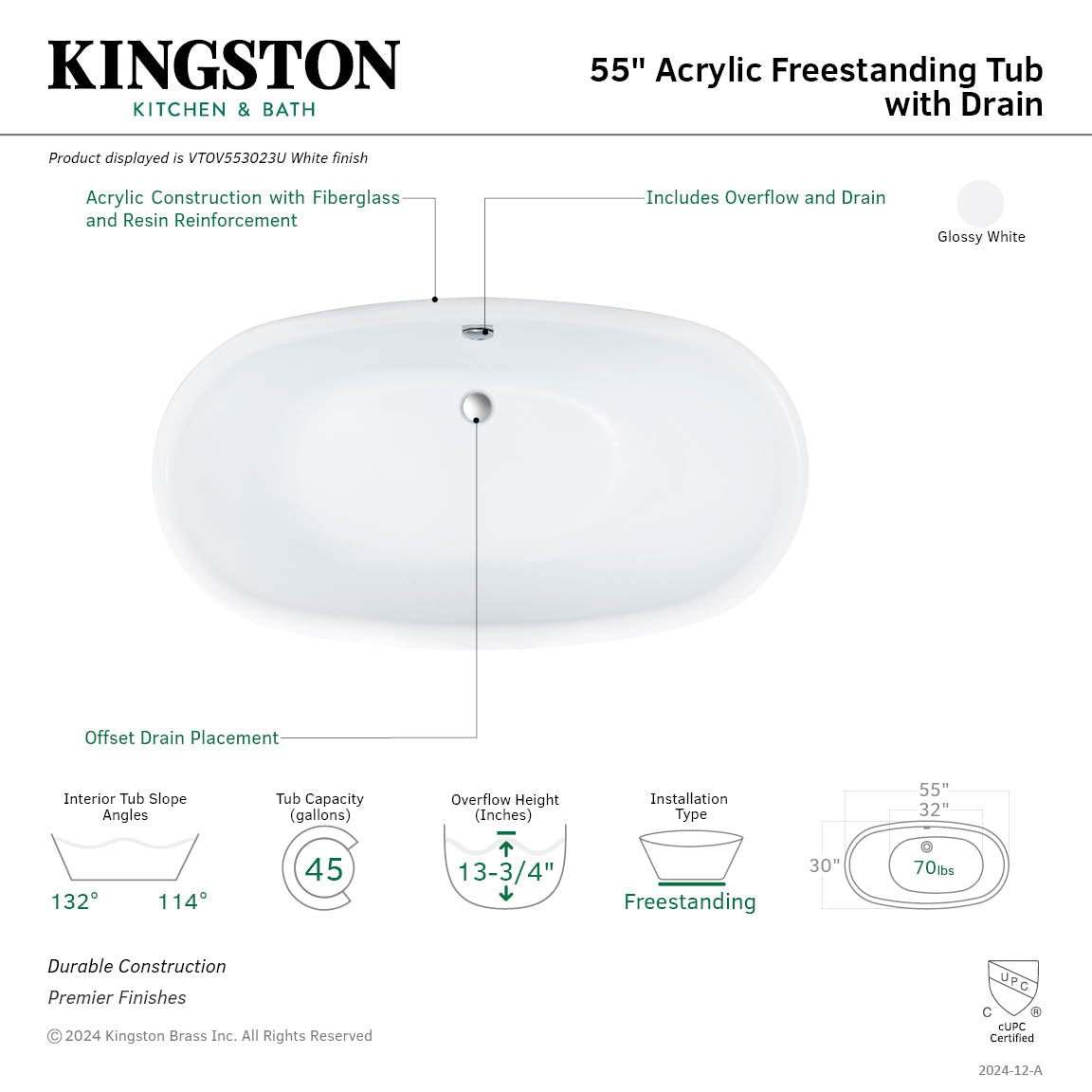 Aqua Eden 55 Inch Acrylic Oval Freestanding Bathtub - Glossy White Double Ended Soaking Tub with Drain | Modern Bathroom Luxury for Spa-Like Relaxation at Home