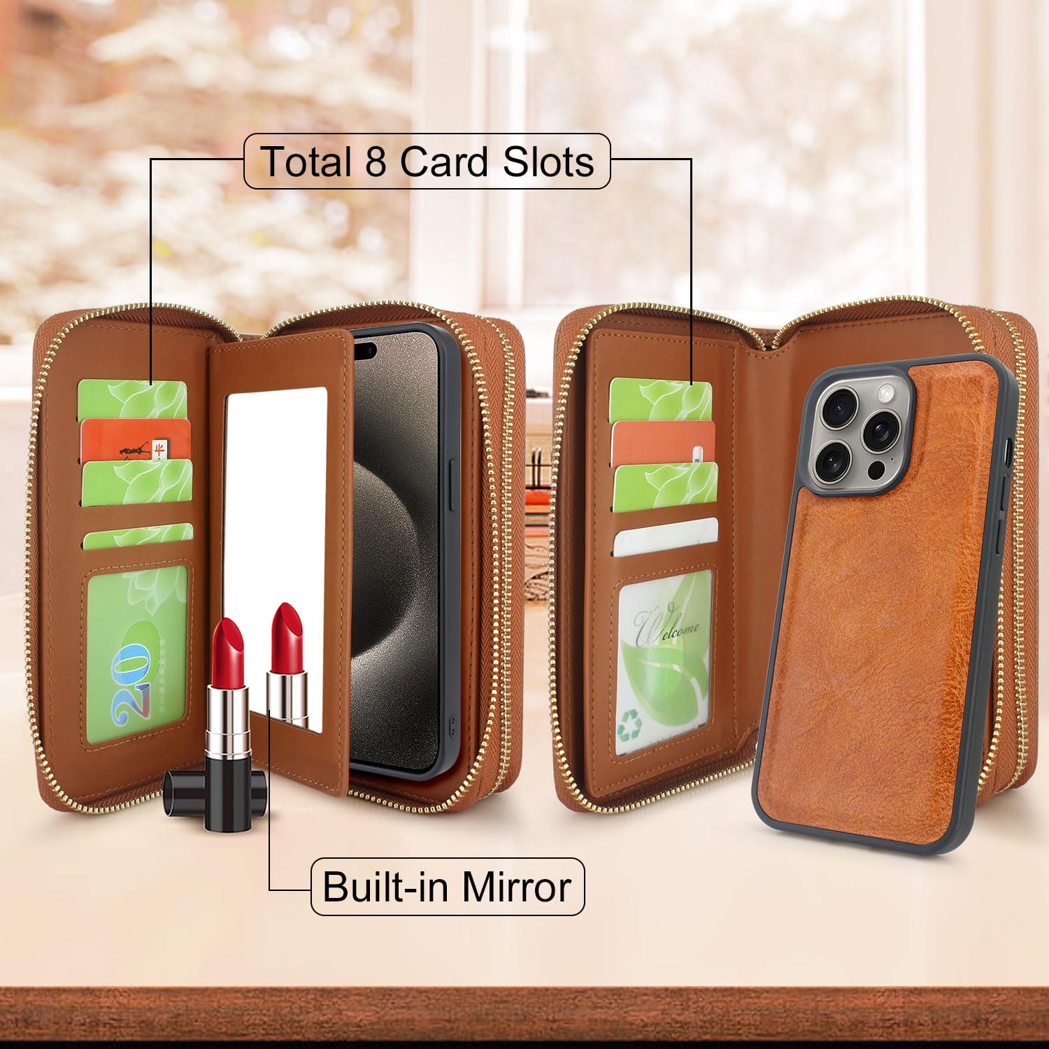 Harryshell iPhone 15 Pro Max Wallet Case (6.7 inch 2023) - Detachable Zipper Purse with Card Slots, Mirror & Crossbody Chain - Brown Leather Phone Cover for Women | Perfect for Travel, Shopping & Everyday Use