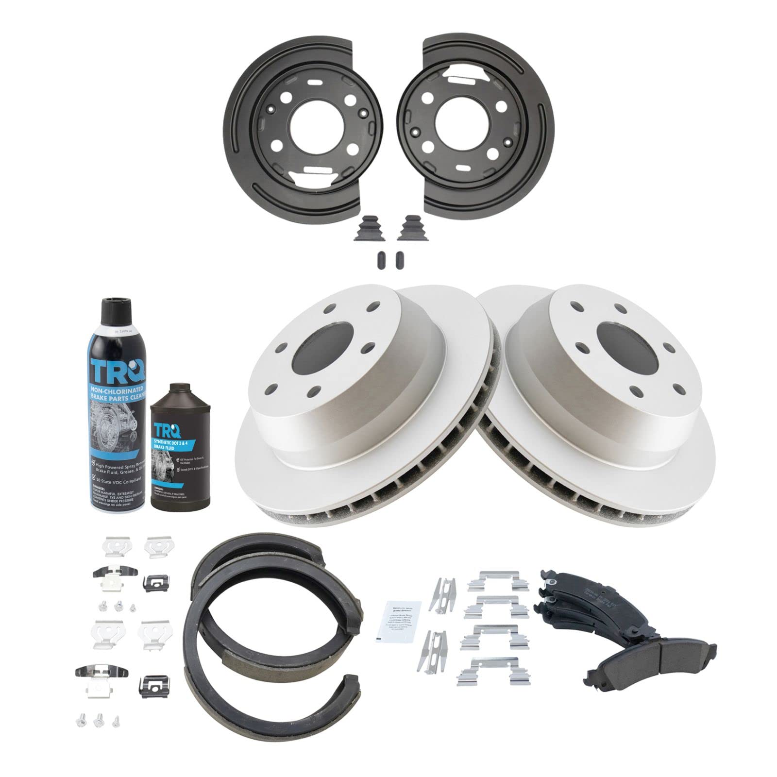 Ceramic Coated Rear Brake Pads & Rotors for GM Vehicles - High-Performance Parking Shoe & Backing Plate Kit with Compatible Brake Fluids | Perfect for Daily Commuting, Highway Driving & Heavy-Duty Towing
