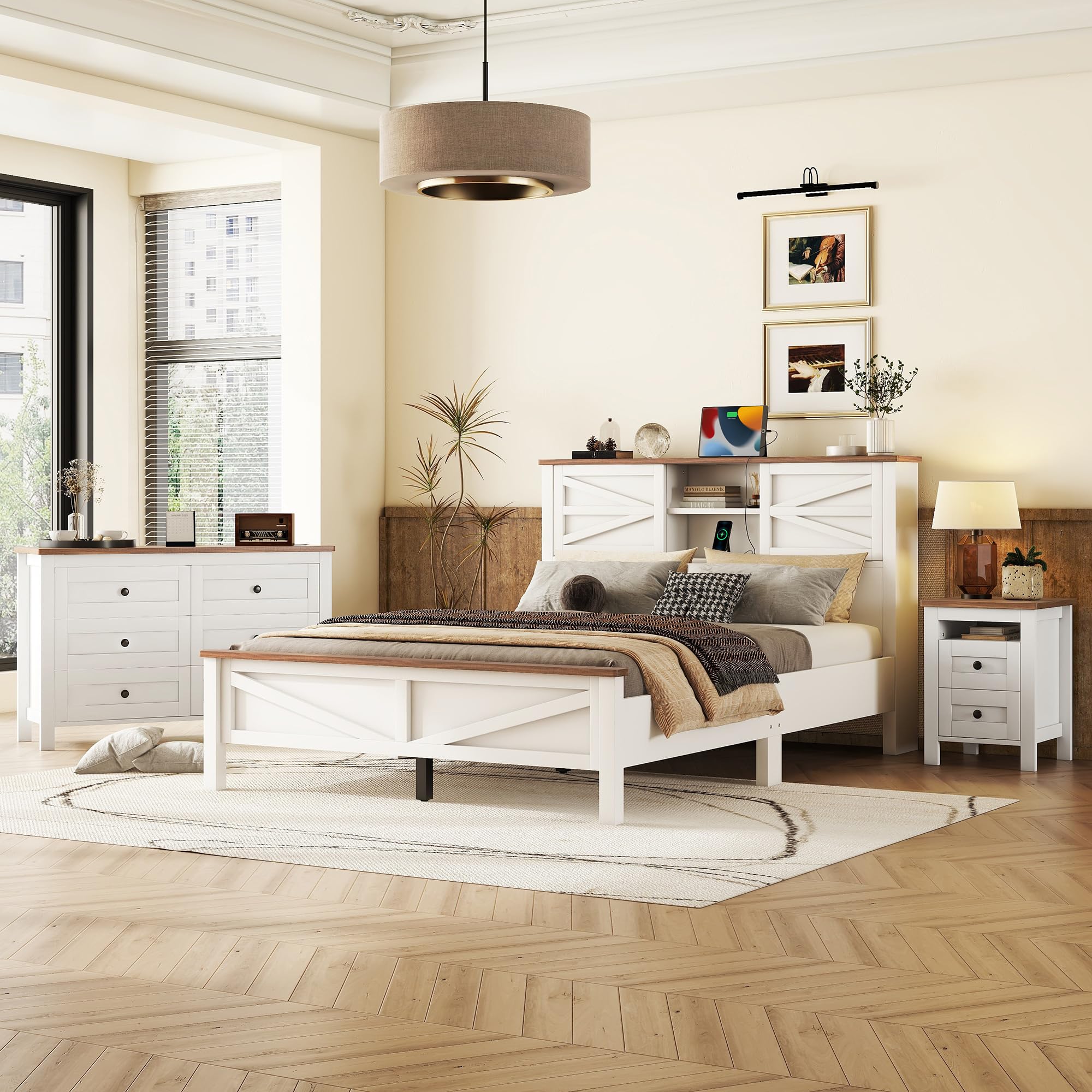 Merax Queen Size 3-Piece Bedroom Set with Storage Platform Bed, Charging Station Headboard, Nightstand & Dresser - White & Brown Modern Bedroom Furniture for Small Spaces & Apartment Living