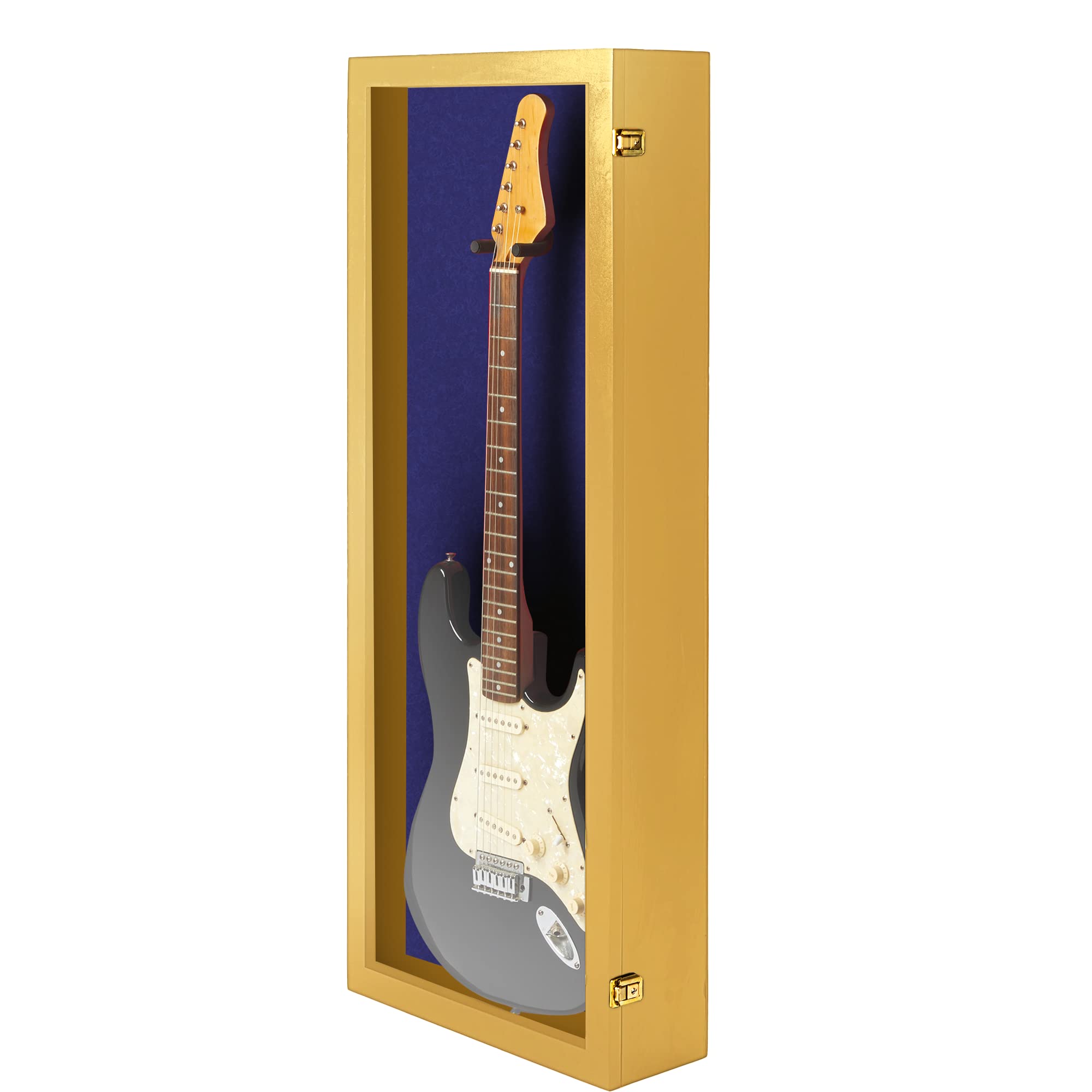 Premium Acrylic Electric Guitar Display Case with Hardwood Frame - Wall Mount Guitar Case in Golden Oak & Blue Felt - Perfect for Home, Studio & Music Store Displays