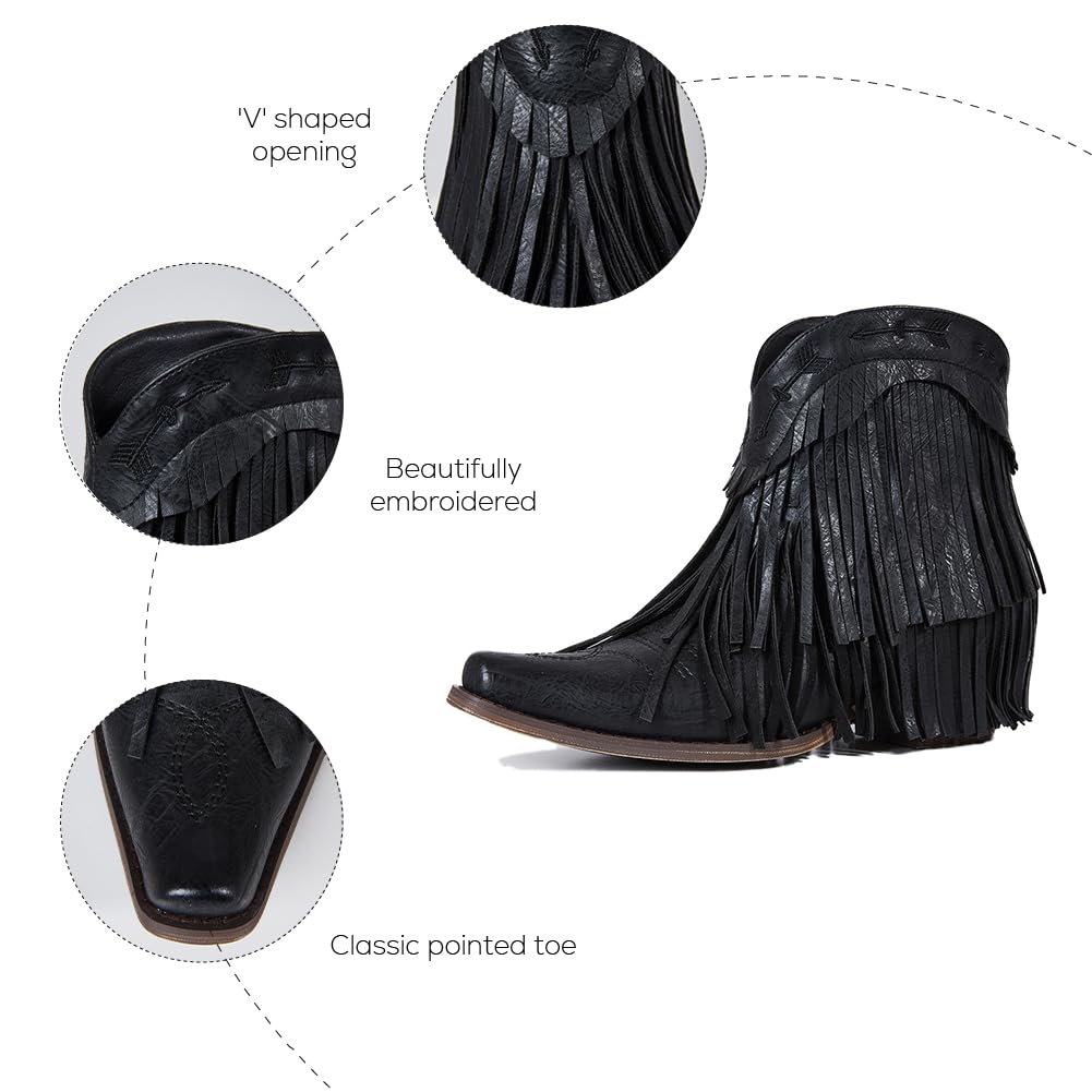 MeiLuSi Women's Fringe Western Cowboy Boots - Ankle-Length Cowgirl Boots with Tassels, Easy Pull-On Design for Country Dancing, Rodeo & Western Fashion