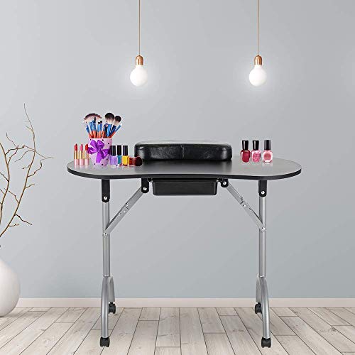 LEIBOU Professional 36 Inch Portable Foldable Manicure Table with Wheels & Drawer - Nail Technician Desk Workstation with Sponge & Free Carrying Bag (Black) | Perfect for Salon, Home Use & Mobile Nail Services
