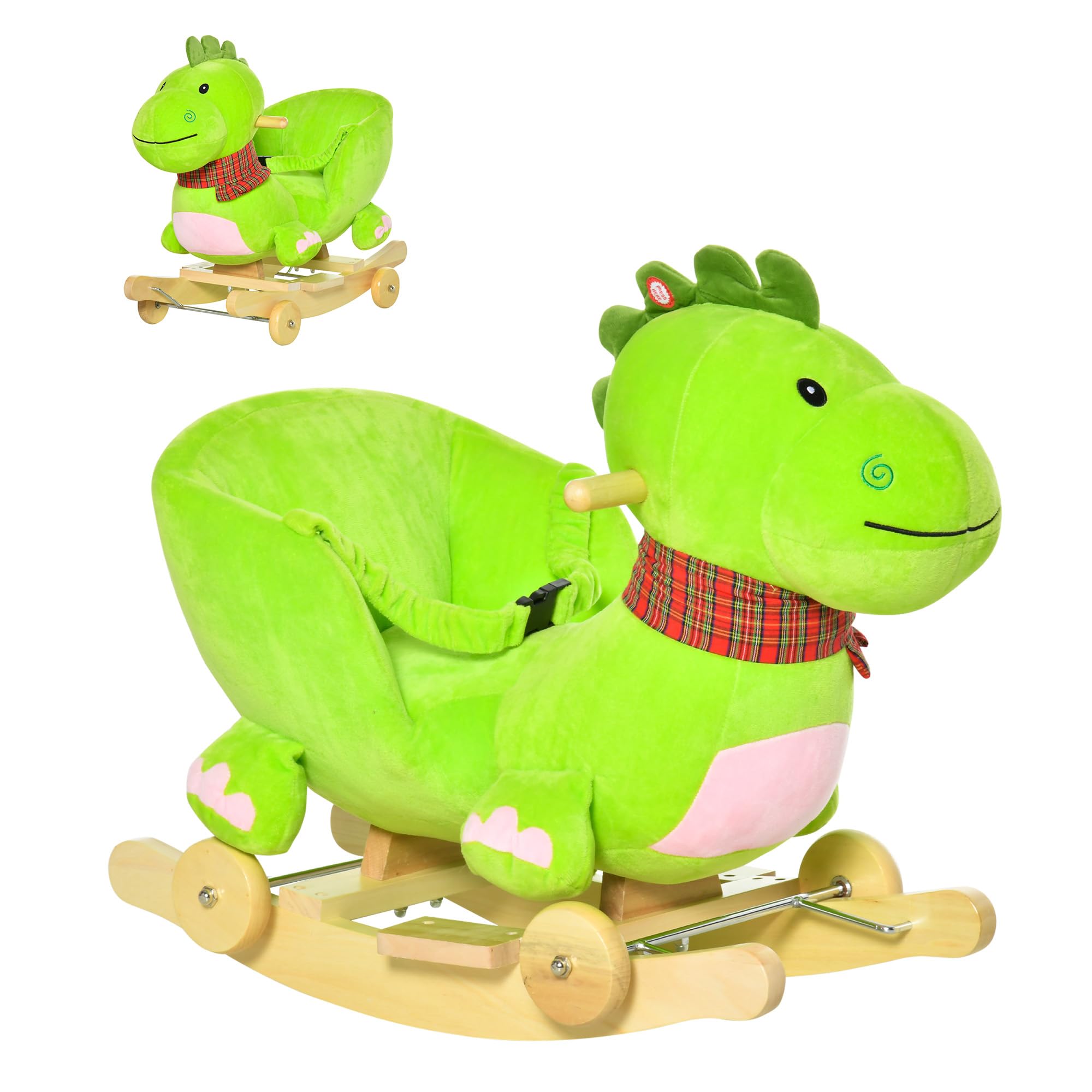 Qaba 2-in-1 Plush Rocking Dinosaur Ride-On Toy for Toddlers 18+ Months | Interactive Baby Rocking Horse with Nursery Songs | Perfect for Playtime, Nursery Decor & First Birthday Gifts