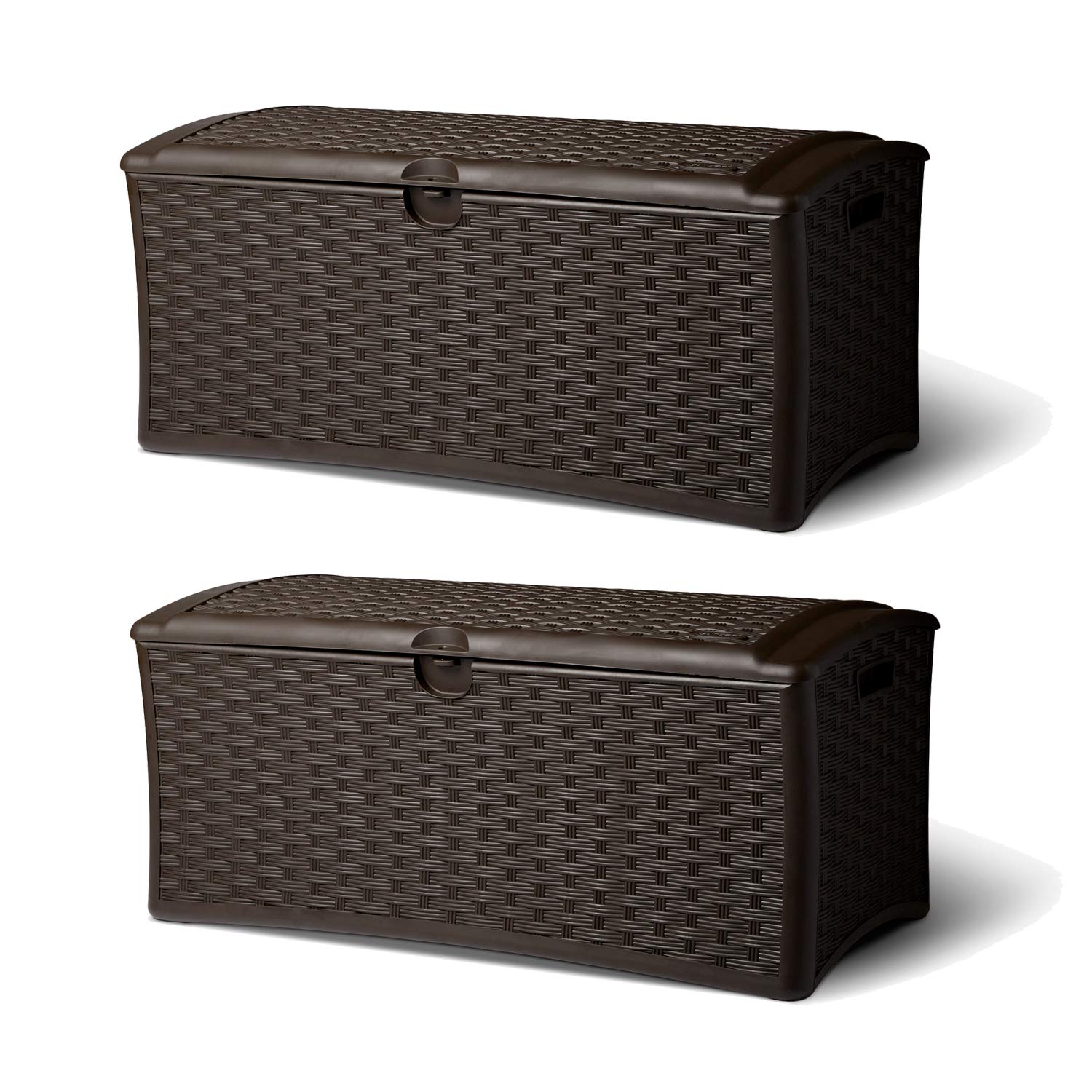 Suncast 72 Gallon Resin Wicker Outdoor Patio Storage Deck Box - Weatherproof Brown Deck Box for Cushions, Pool Toys & Garden Tools (2 Pack) - Perfect for Backyard, Poolside & Patio Organization