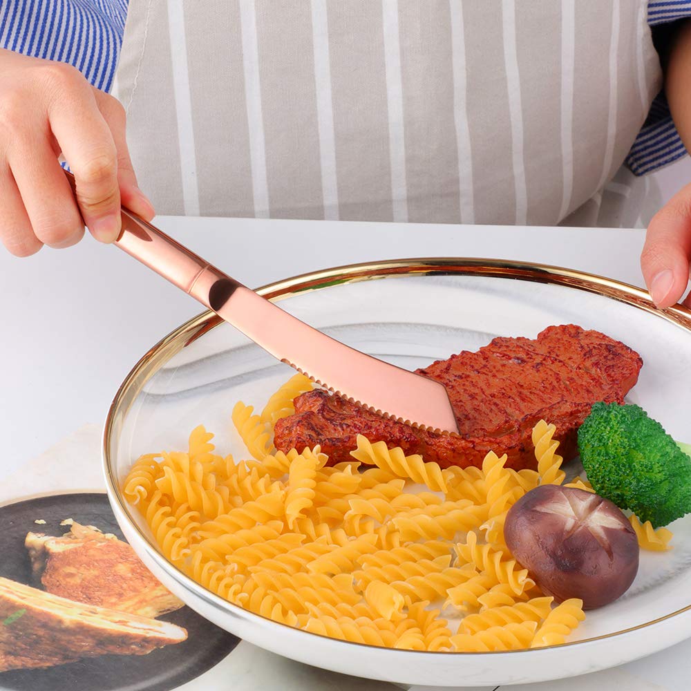 Premium 6-Piece Steak Knife Set - Serrated Stainless Steel Blades, Dishwasher Safe - Elegant Rose Gold Finish by QIBORUN - Perfect for Steak Dinners, BBQ Parties & Fine Dining