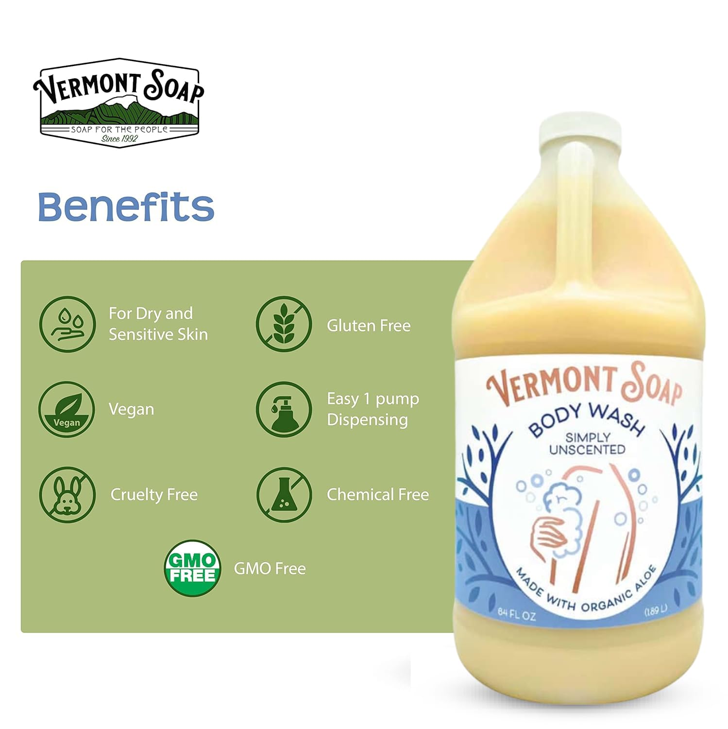 **Vermont Natural Shea Butter Body Wash - Fragrance Free Moisturizing & Soothing Gel for Women & Men (Simply Unscented, 64oz) - Perfect for Sensitive Skin & Daily Hydration**