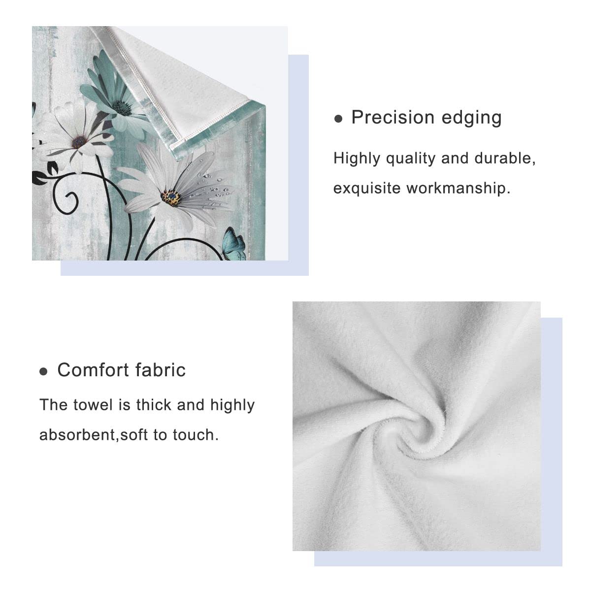 Premium 3-Piece Farmhouse Bath Towel Set - Teal Daisy Floral & Butterfly Design - Soft Absorbent Luxury Bath Towel, Hand Towel & Washcloth - Country Chic Decor for Bathroom & Kitchen - Perfect for Spa Days & Farmhouse Style Homes