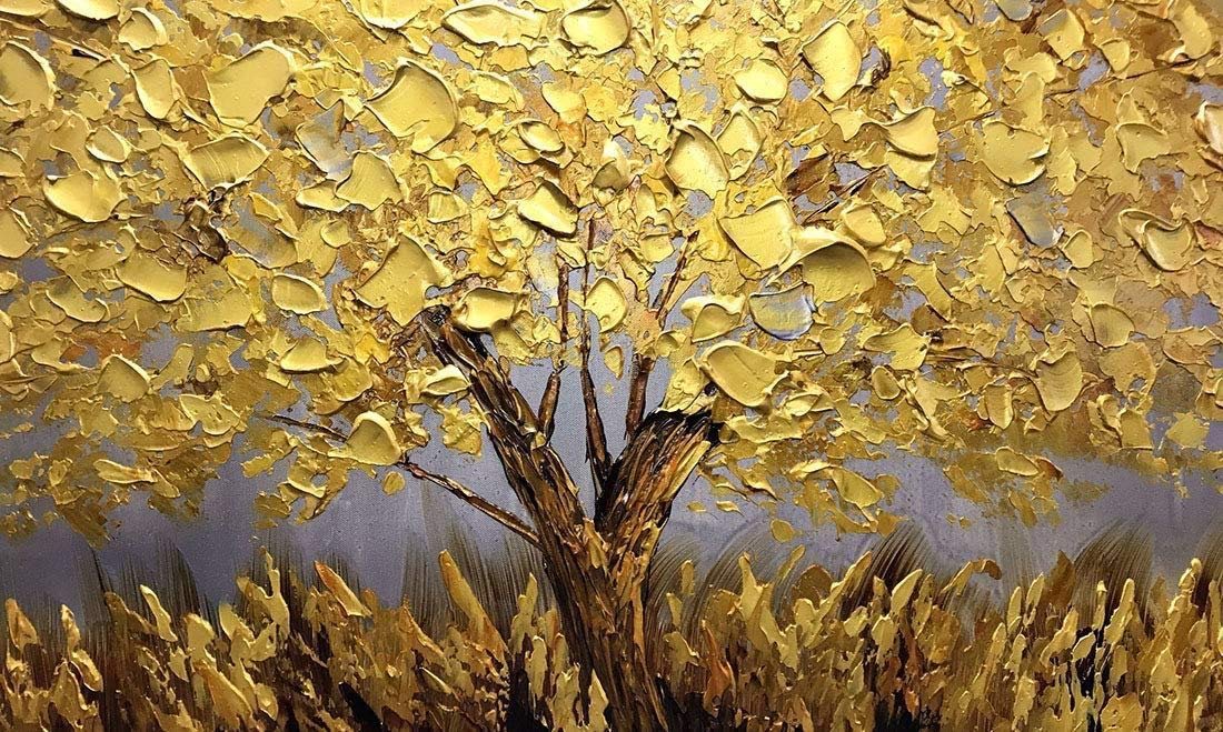 Hand Painted Landscape Flower Oil Painting on Canvas - Abstract Palette Knife Gold Tree Blossom Wall Art - 24x48 Inch Stretched Ready to Hang - Perfect for Living Room, Bedroom & Office Decor