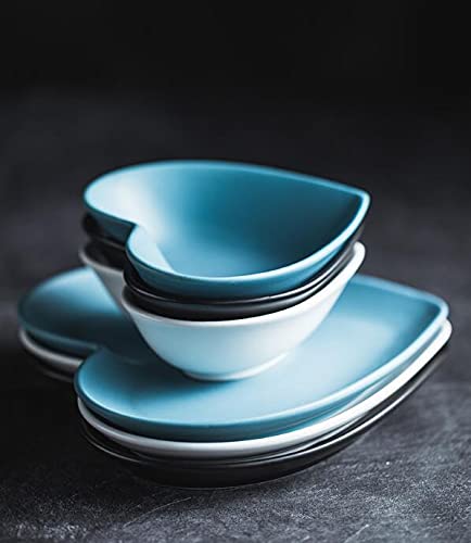 Heart-Shaped Porcelain Side Dish Bowls - Matte Finish Soy Sauce Dishes Set of 4 (Black/White/Blue) | Perfect for Sushi, Dumplings & Asian Cuisine