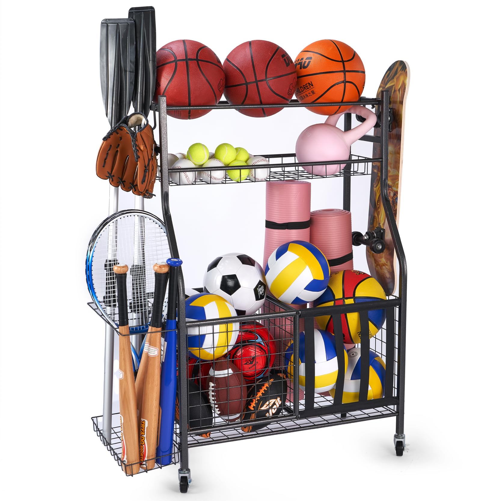 Sinoer Basketball Storage Rack with Wheels - Portable Sports Equipment Organizer for Garage, Gym & Home - Perfect for Basketball, Volleyball, Football & Soccer Ball Storage - Ideal for Sports Enthusiasts & Organized Living Spaces
