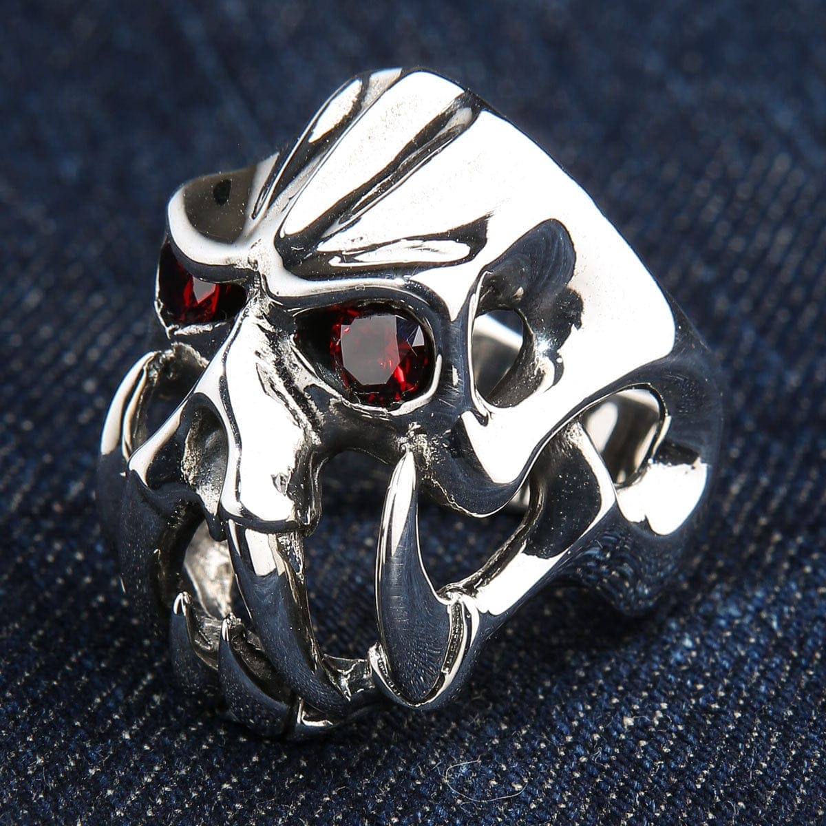 Red Eyes Fang Devil Skull Sterling Silver Biker Ring for Men - Gothic Punk Jewelry, Motorcycle Accessories, Halloween Costume, Rocker Gift
