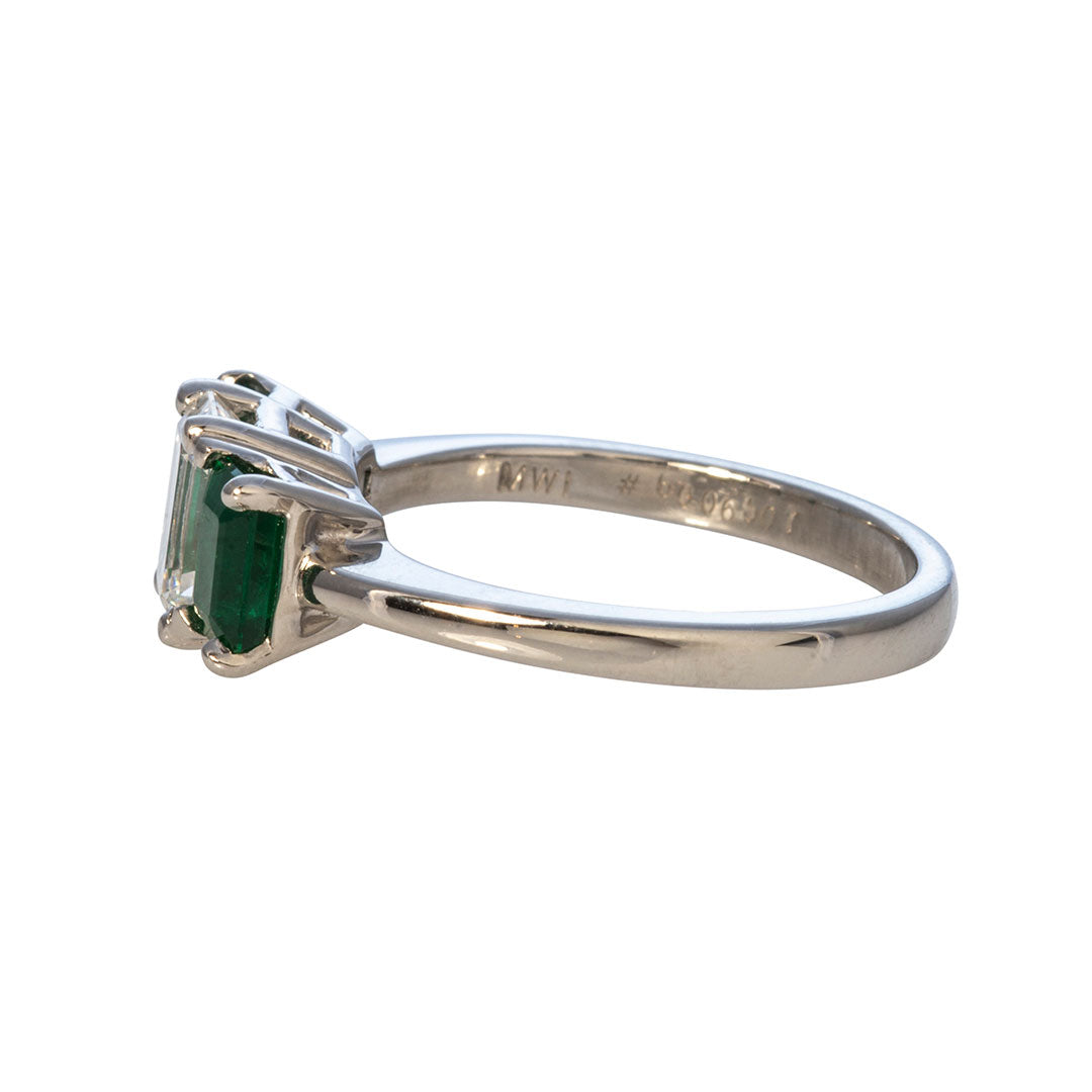 1.13ctw Emerald Cut Diamond & Emerald Three Stone Platinum Ring for Engagement, Wedding, Anniversary - Elegant Jewelry Gift for Her