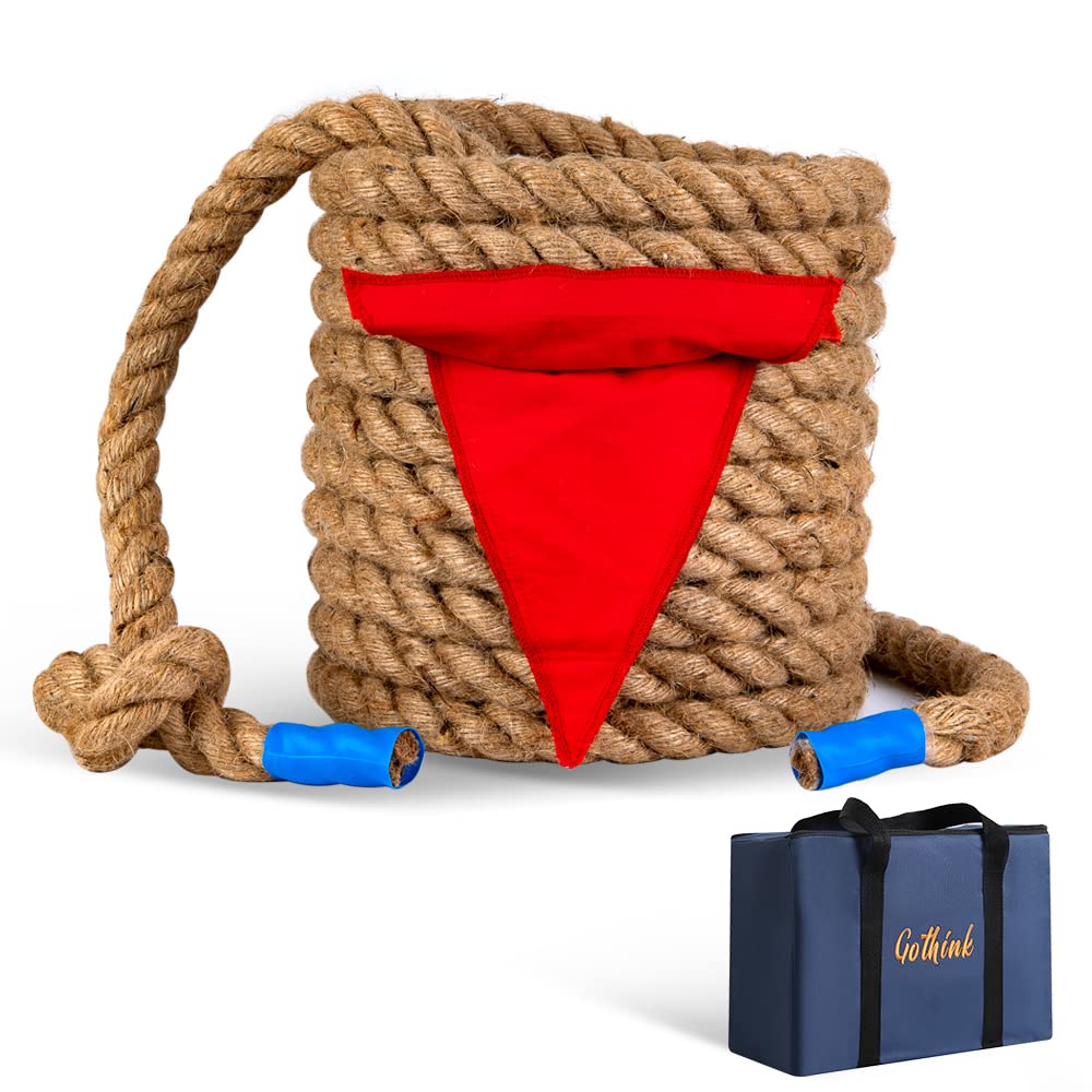 Gothink 50 FT Tug of War Rope Set for Kids - Soft Natural Jute Fiber Rope with Red Flag for Field Day, Birthday Party, Holiday Celebration, Camping, Backyard Outdoor Games & Team Building Activities - Perfect for School Events, Family Gatherings and Sports Competitions