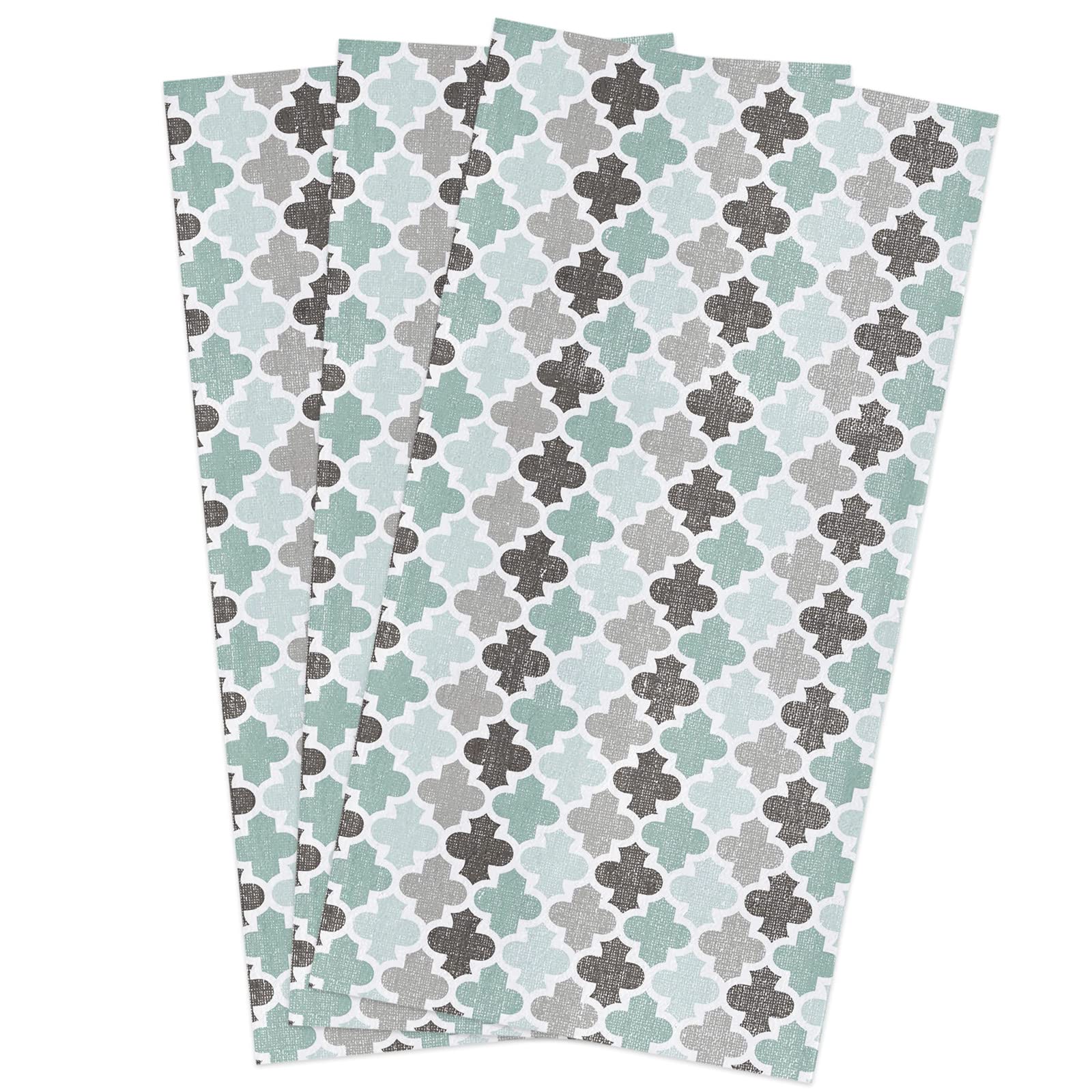 Premium Cotton Kitchen Towels Set of 3 - Geometric Quatrefoil Pattern in Aqua & Grey (16x28 Inches) - Super Absorbent Dish Cloths, Tea Towels & Hand Towels for Kitchen, Bar, Restaurant & Home Use