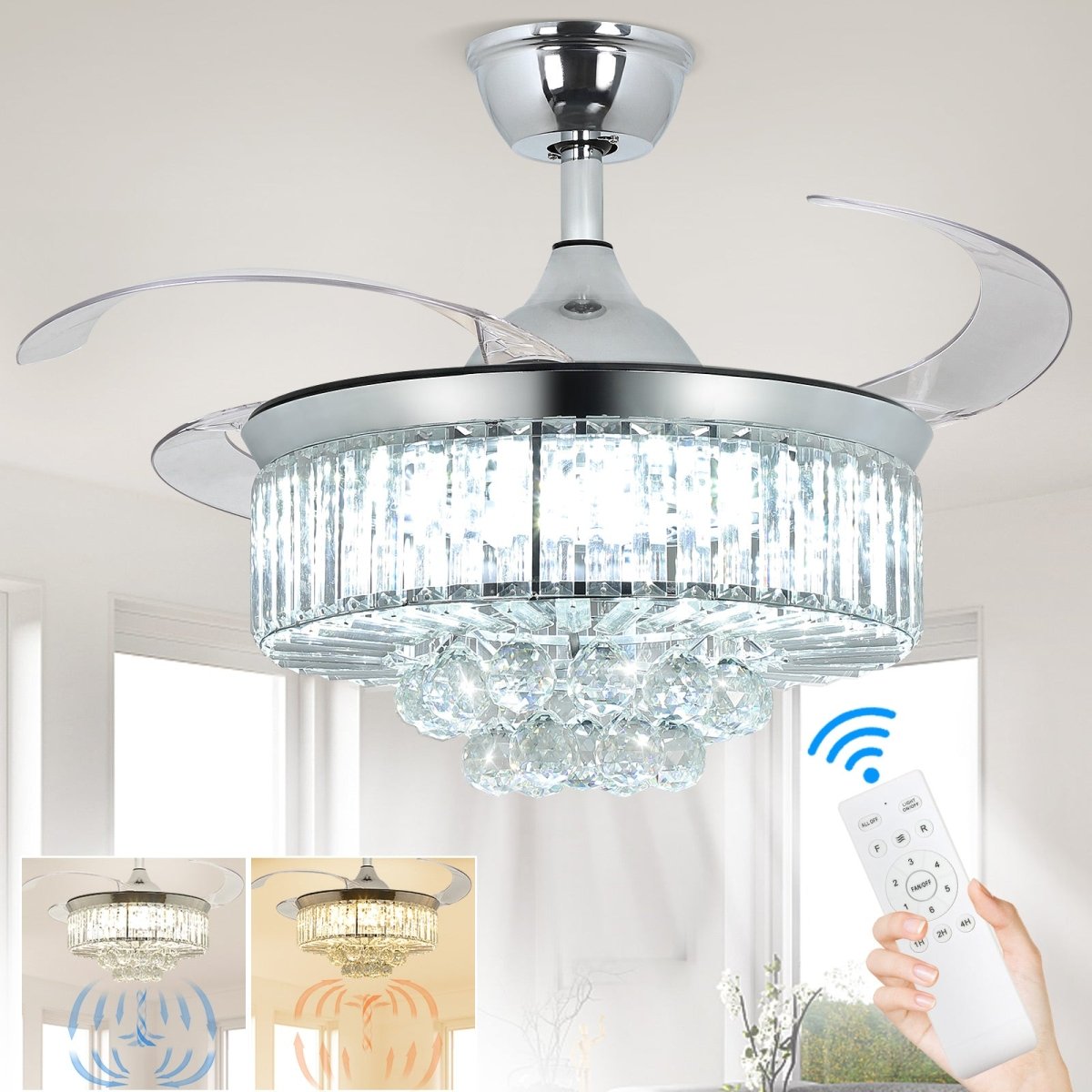 Modern Crystal Retractable Invisible Blades Fandelier - 42 Inch LED Chandelier Ceiling Fan with Remote, 3 Color Temperatures (3000K-6000K), 6-Speed Reversible DC Motor, Silver - Perfect for Bedroom, Living Room, and Dining Room Lighting