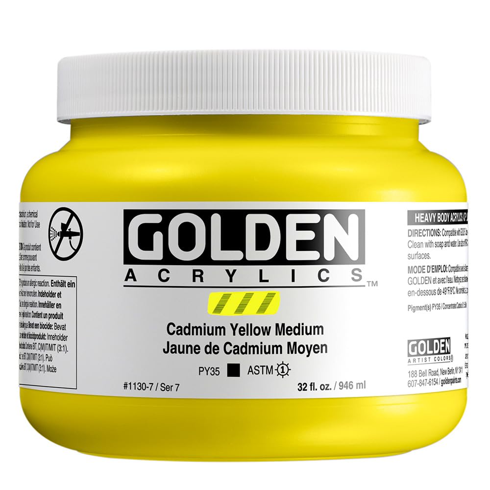 Premium Heavy Body Acrylic Paint by GOLDEN - Cadmium Yellow Medium (32 fl. oz Jar) - Professional Grade Opaque Artist Paint for Canvas, Murals & Fine Art Painting