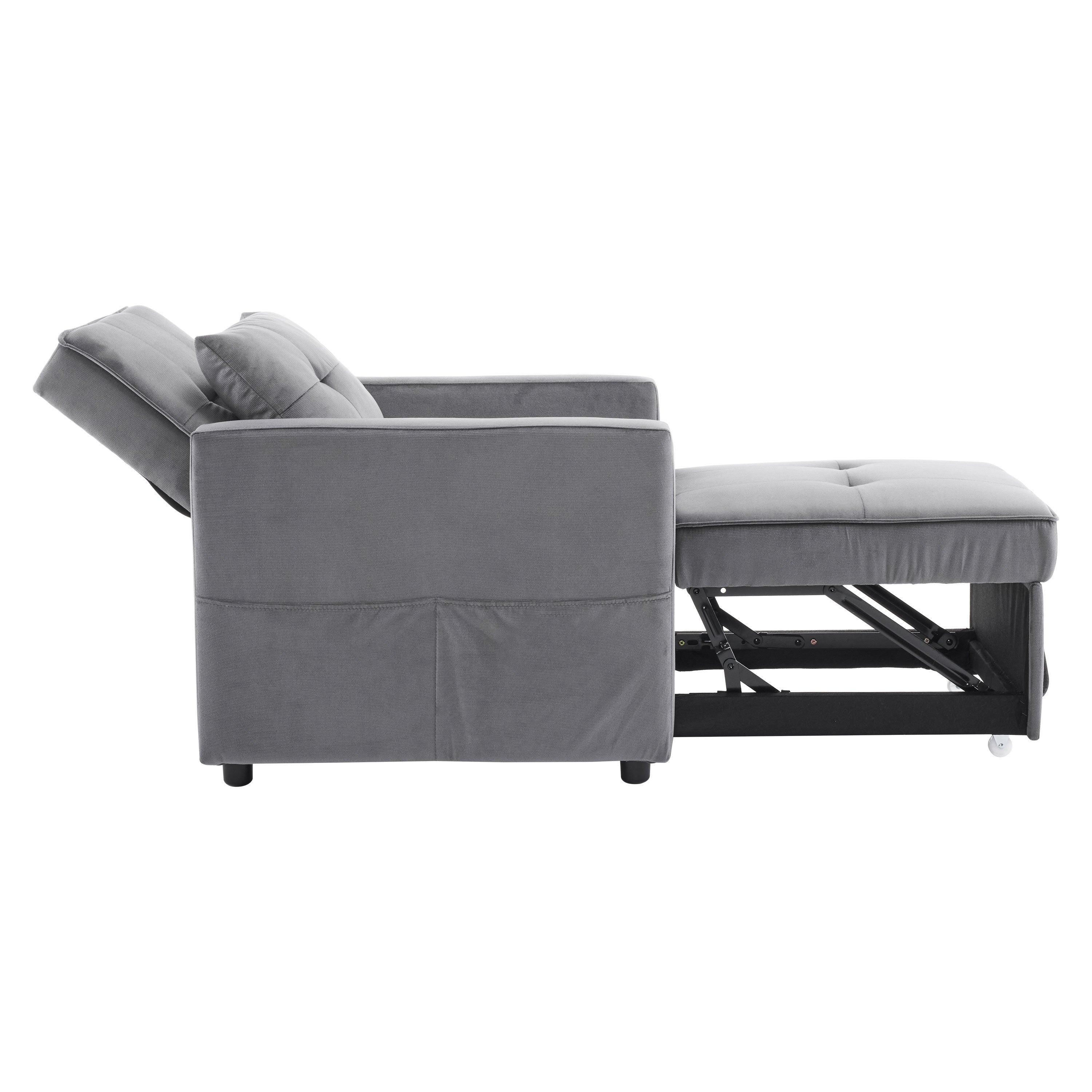 3-in-1 Convertible Sleeper Sofa Bed Chair with Pillow & Pocket - Modern Velvet Fabric Multi-Functional Furniture for Living Room, Bedroom, Study & Small Apartments (Gray) | Perfect for Guest Sleeping, Lounging & Space Saving Solutions