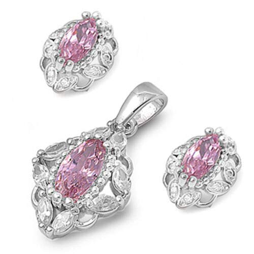 Marquise Beaded Halo Earrings with Pink & Clear CZ Stones in .925 Sterling Silver - Elegant Jewelry Set for Women, Perfect for Weddings, Parties & Special Occasions